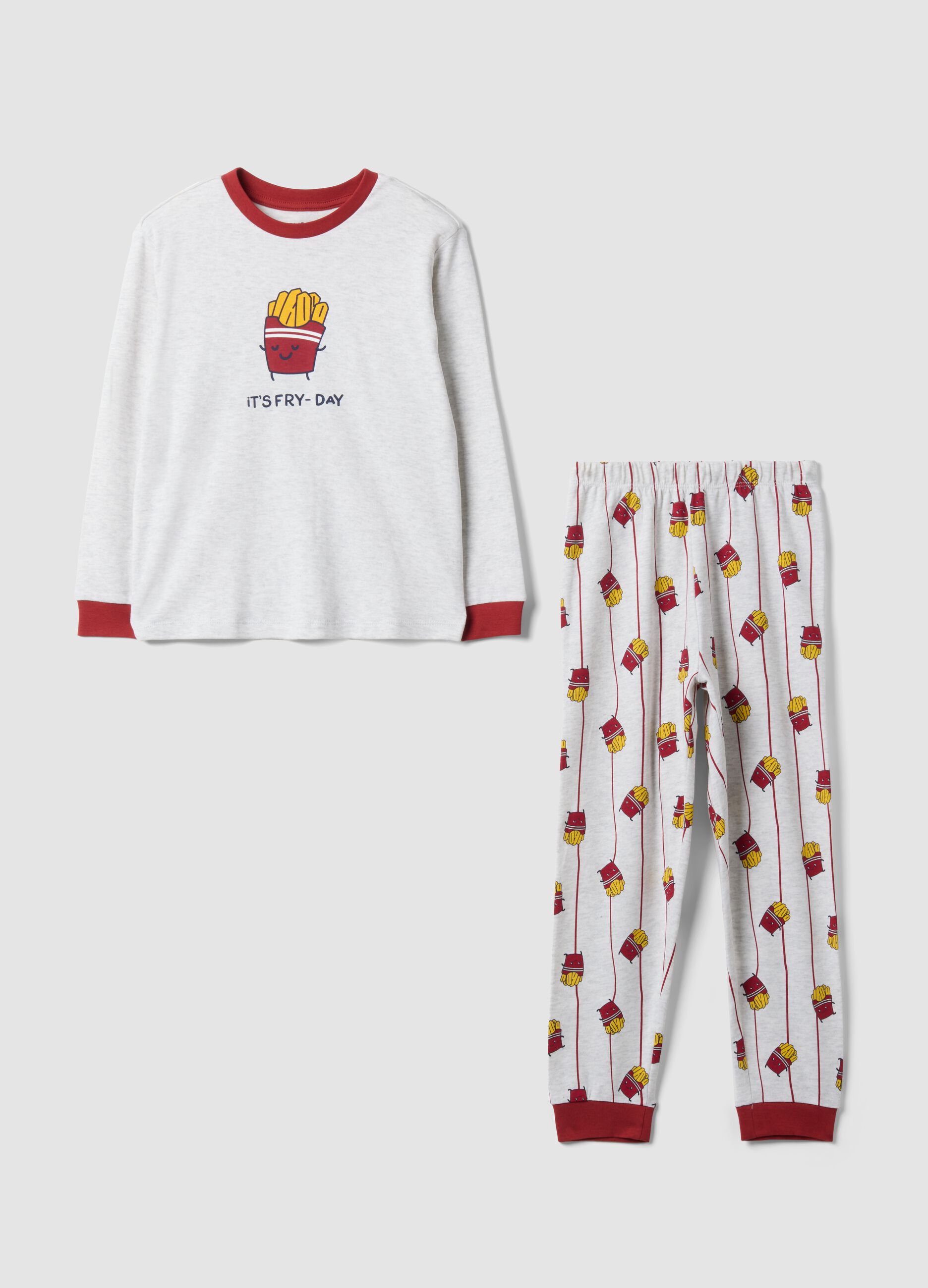 Grey and red crew-neck pyjamas in organic cotton and viscose blend