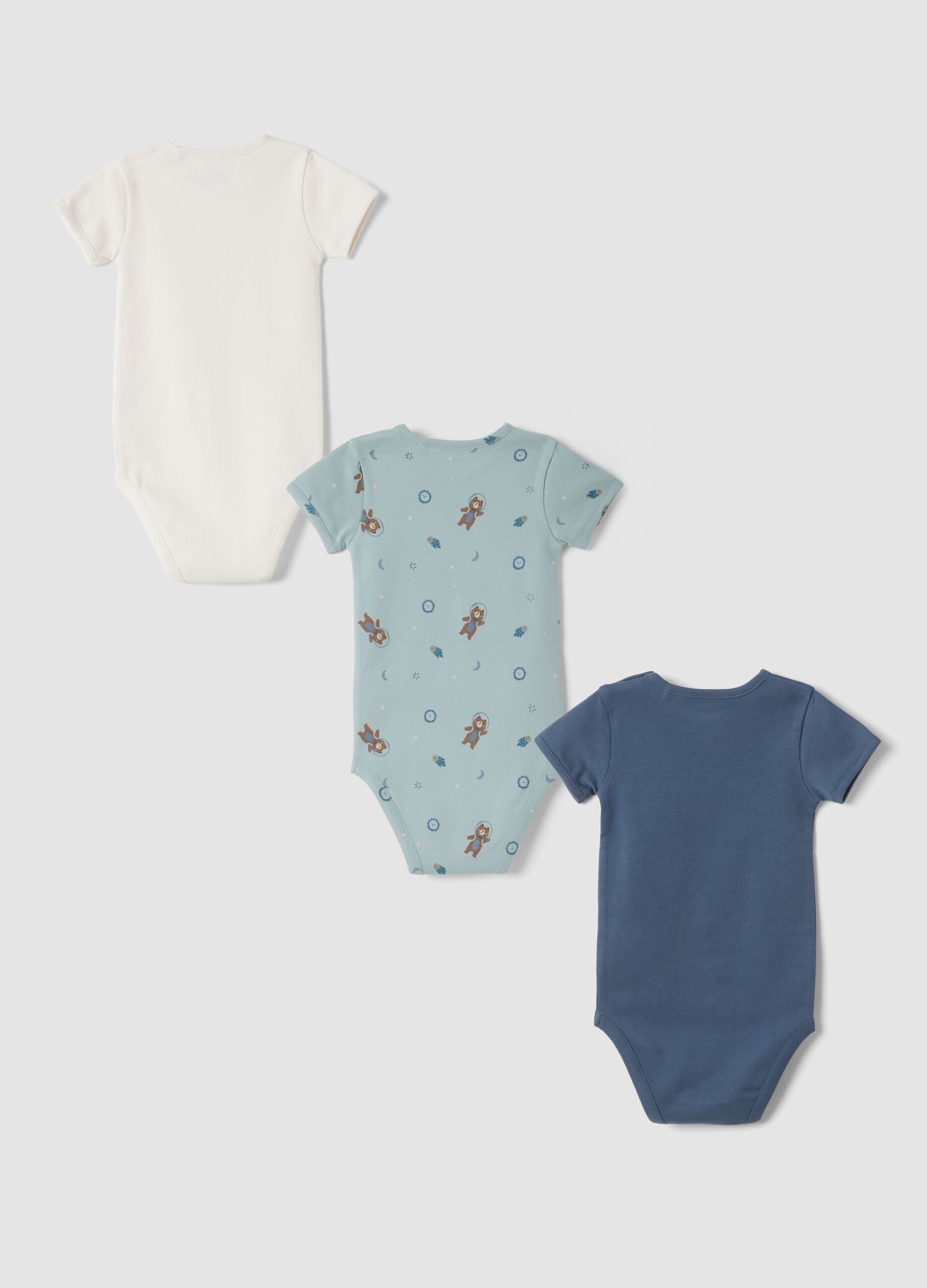 3-pack organic cotton baby bodysuits in aqua blue, navy and ivory, crew neck