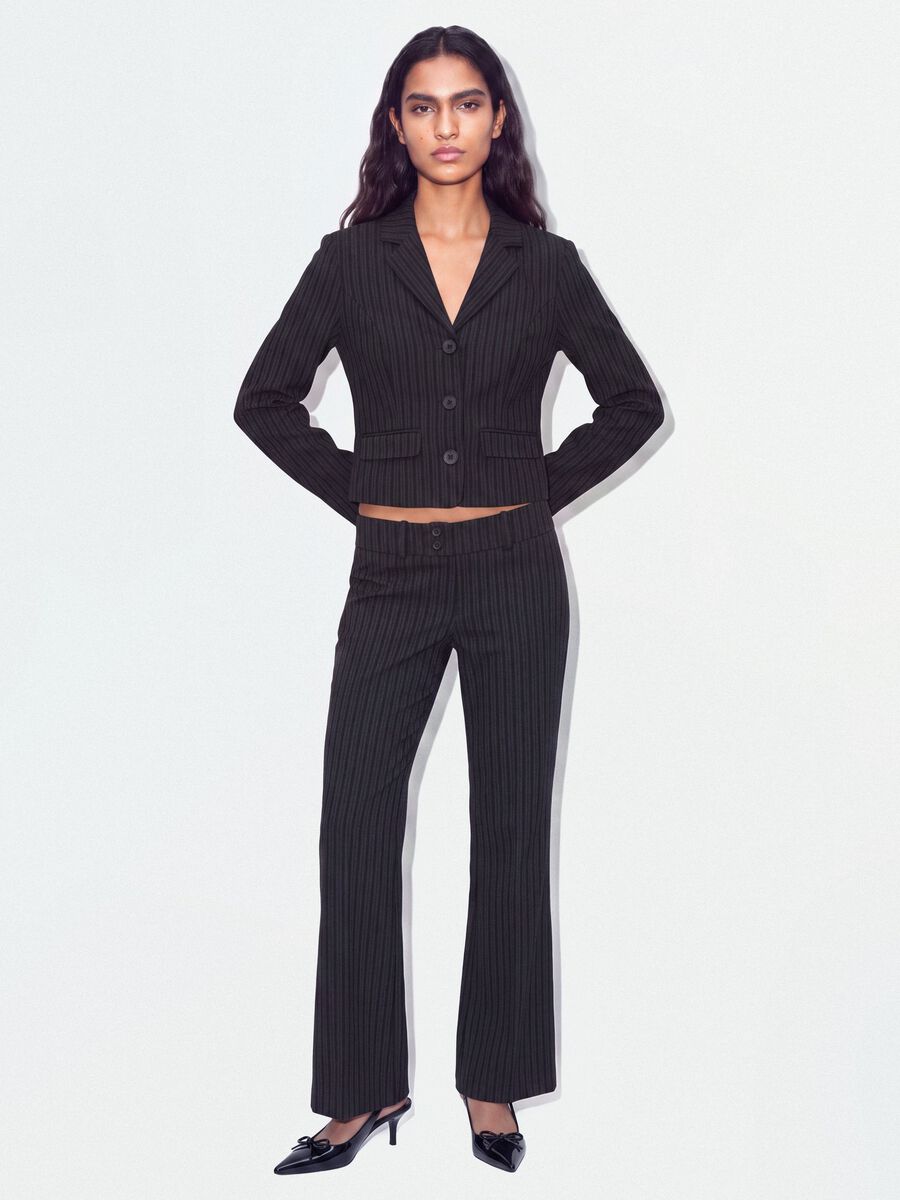 Black flared stretch viscose pinstripe trousers_0