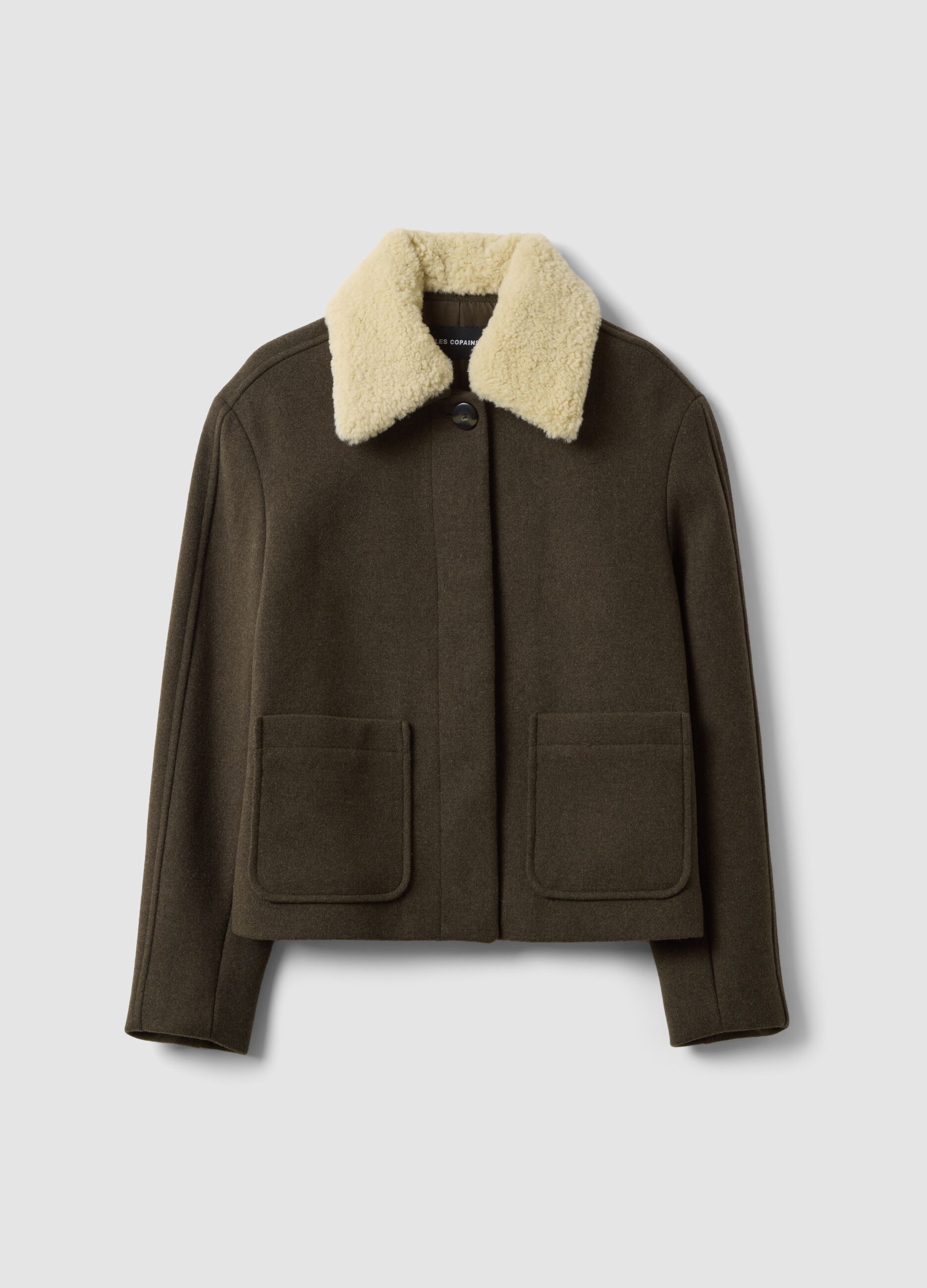 Green wool-blend and viscose jacket with contrast collar