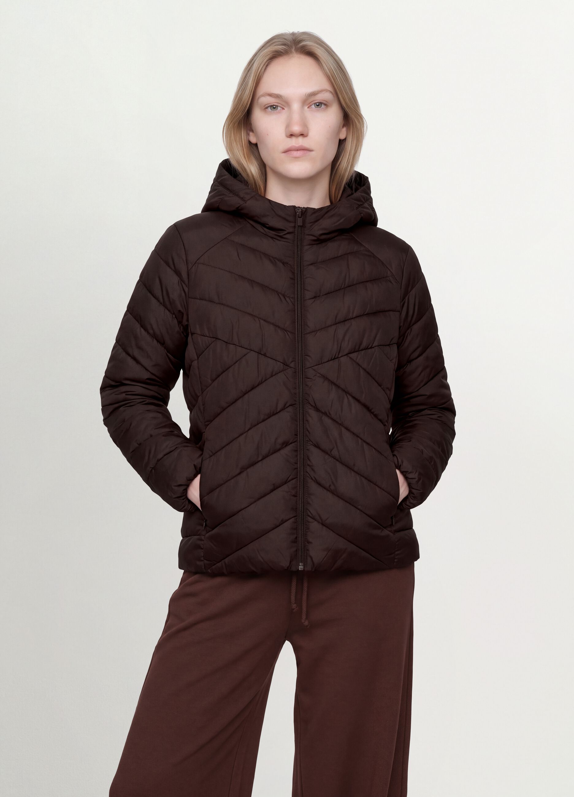 Brown Ultralight Quilted Jacket with Hood and Zip