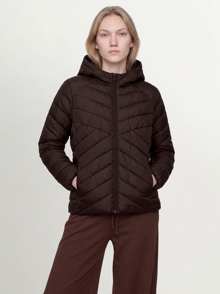 Brown Ultralight Quilted Jacket with Hood and Zip_1