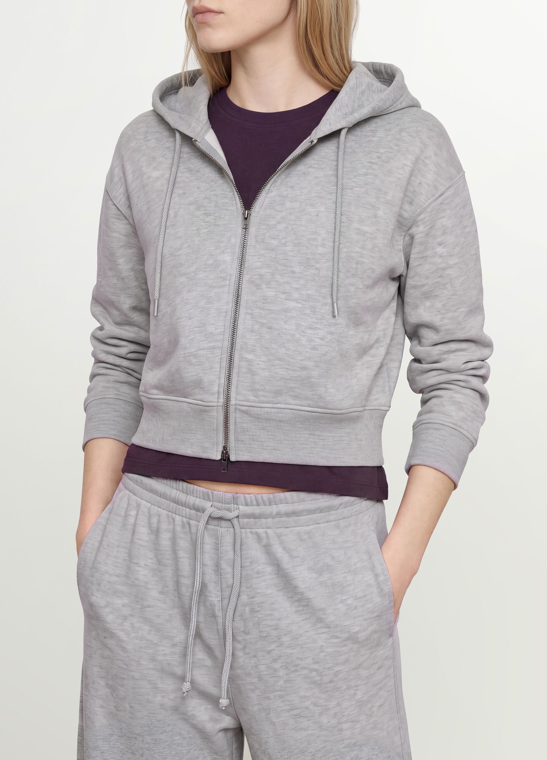 Grey full-zip cotton-blend hoodie, fitted cut