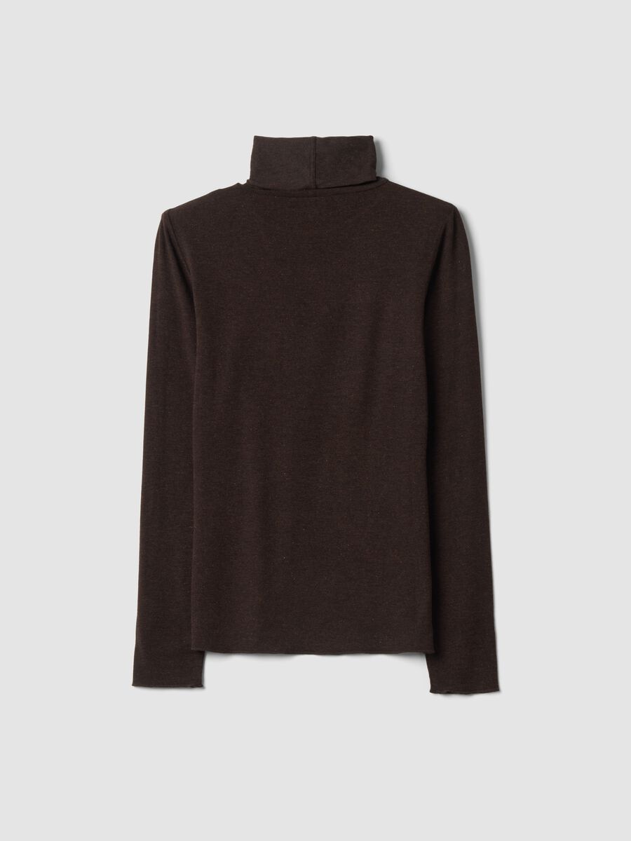 Brown stretch modal and wool T-shirt with high neck, regular fit_2