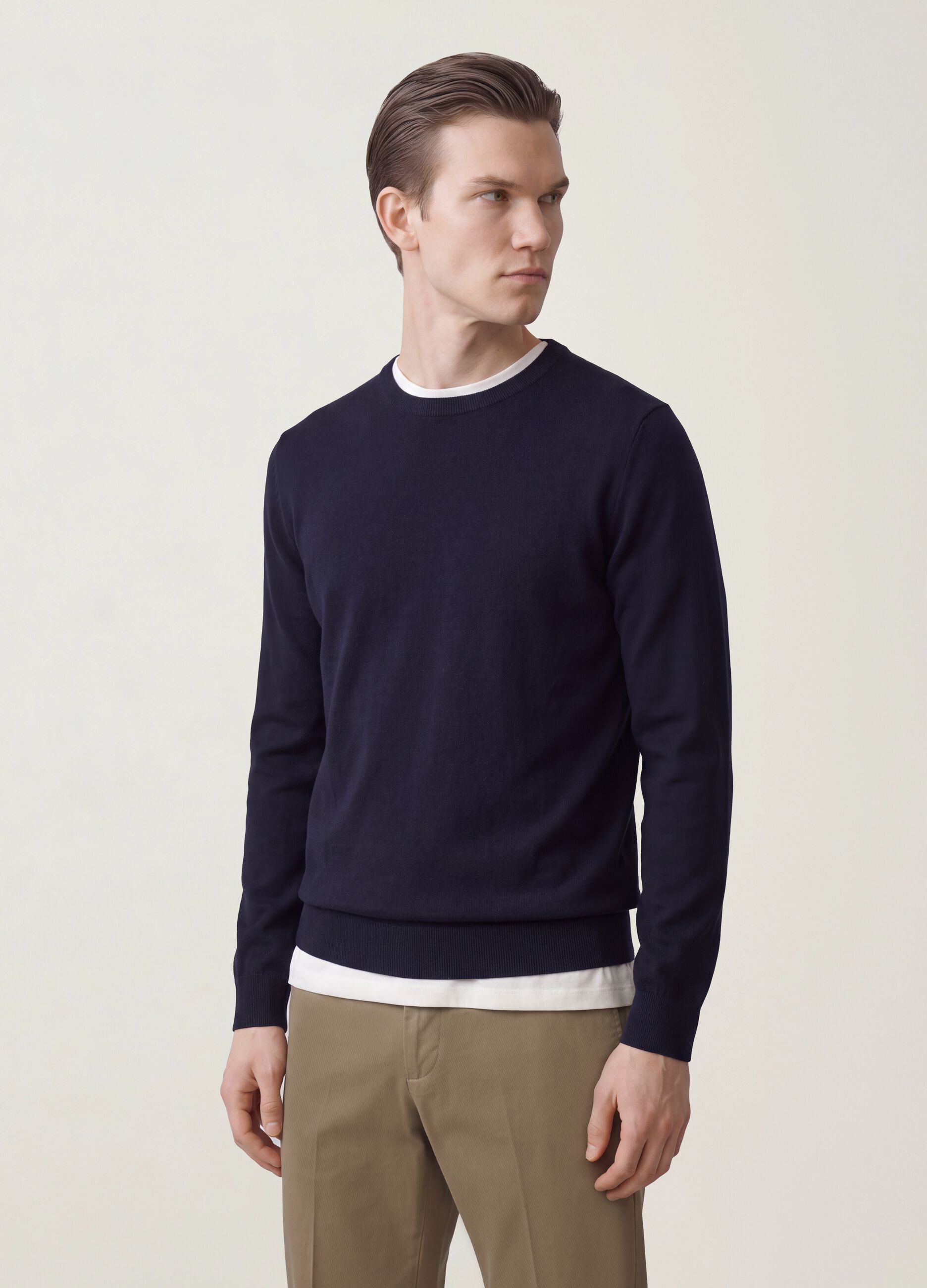 Maglia blu in misto cotone e cashmere girocollo