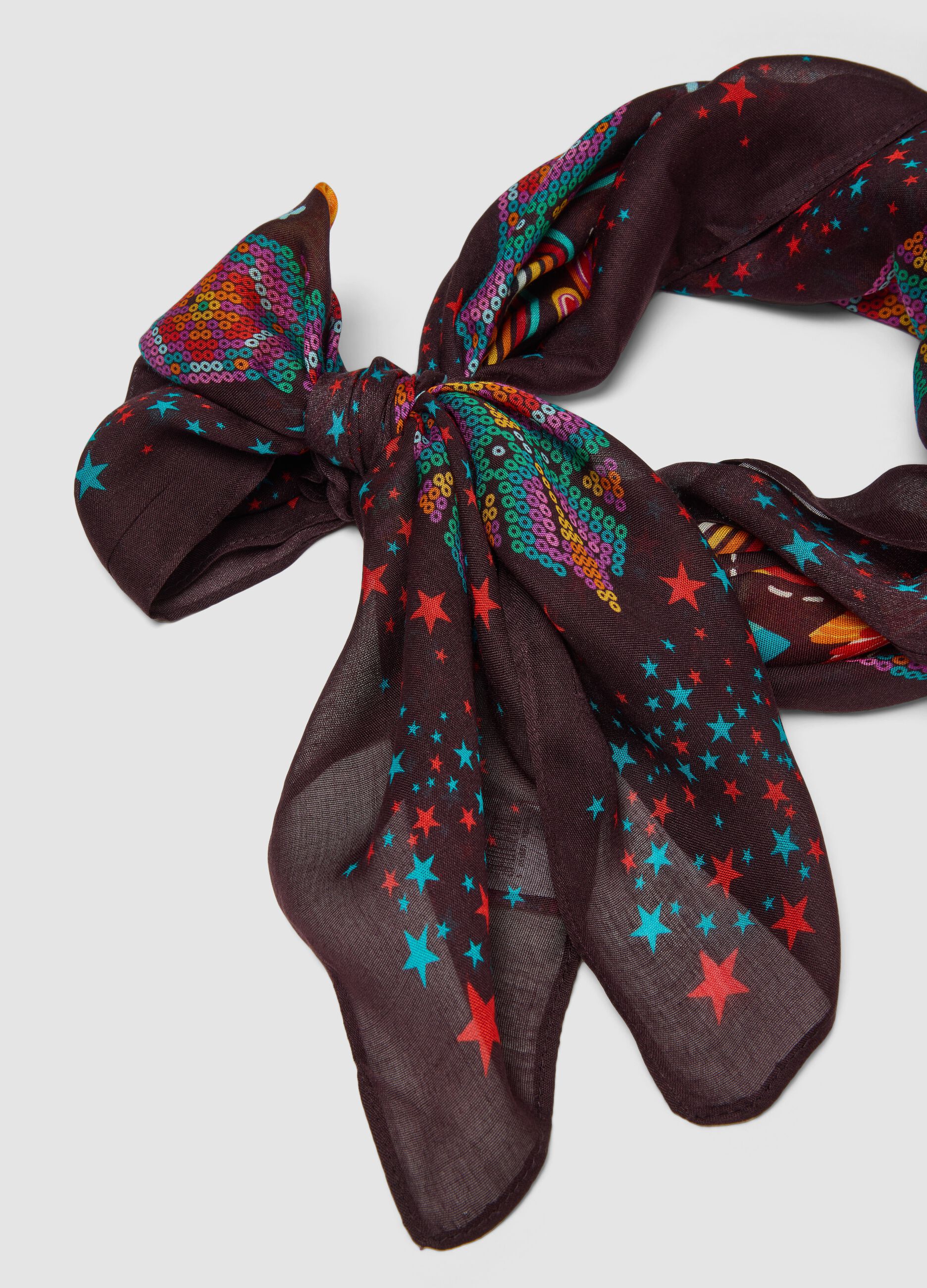 Brown pure viscose scarf with printed design