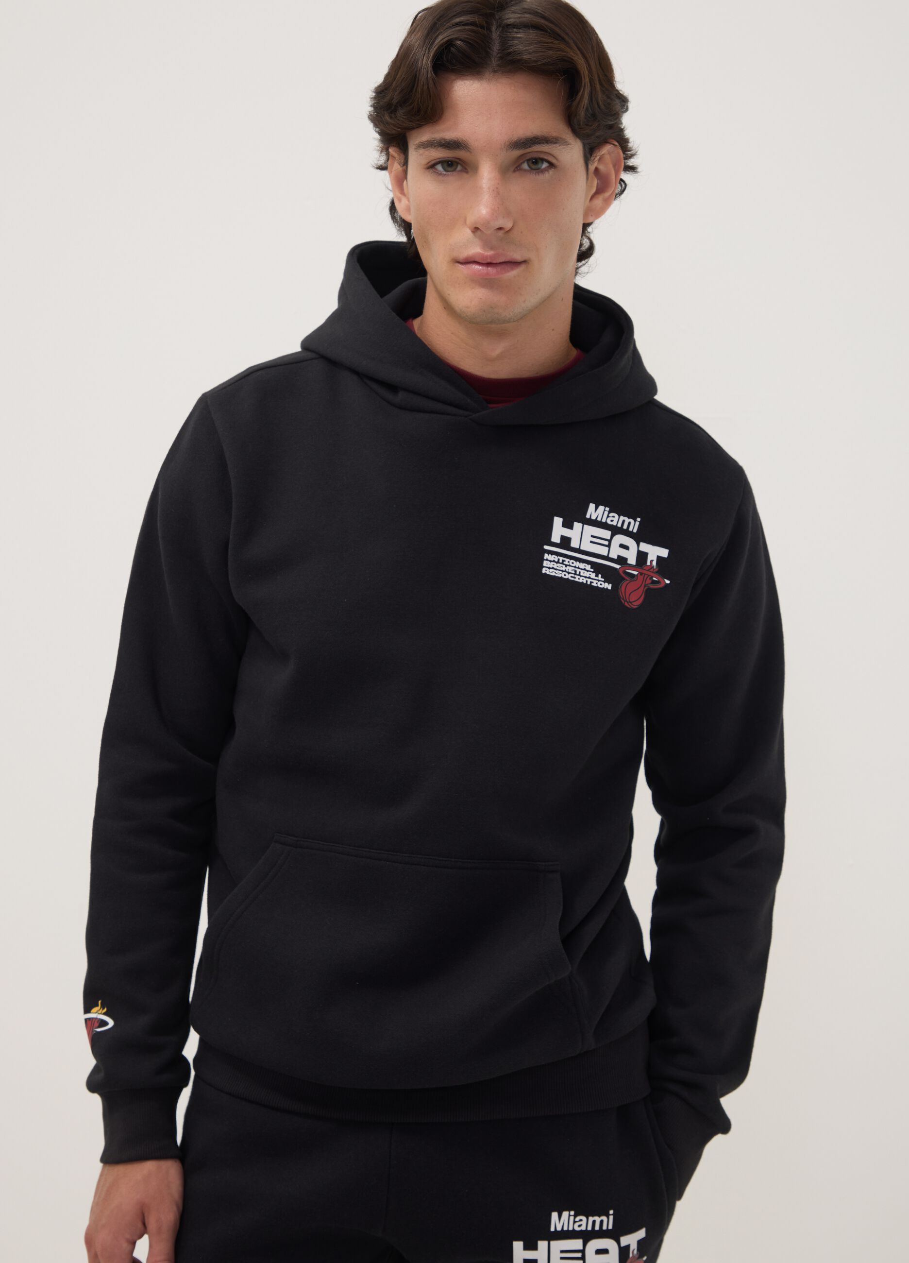 Black cotton-blend hoodie with Miami Heat print