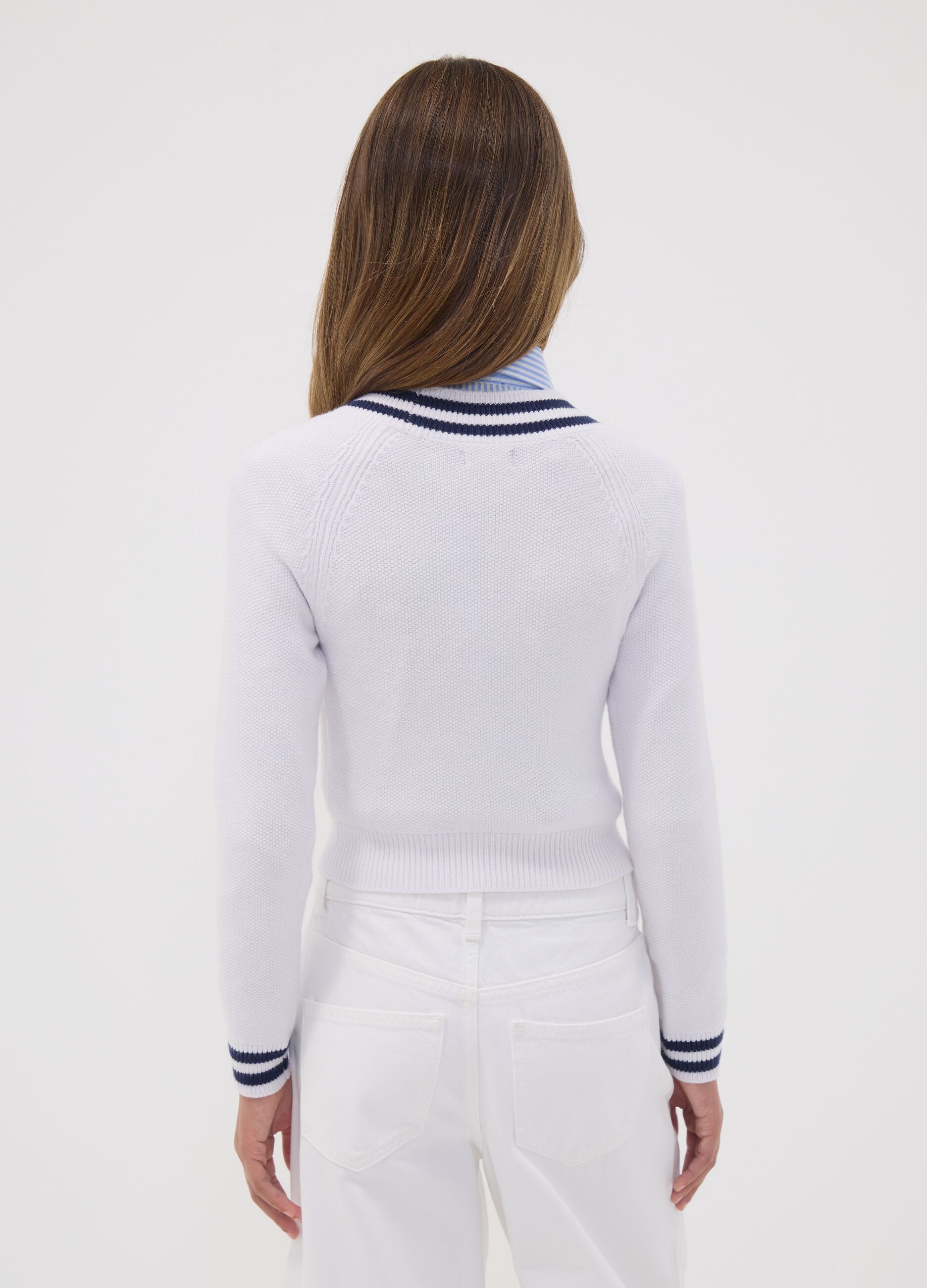 White V-neck viscose-blend jumper with striped trims for girls