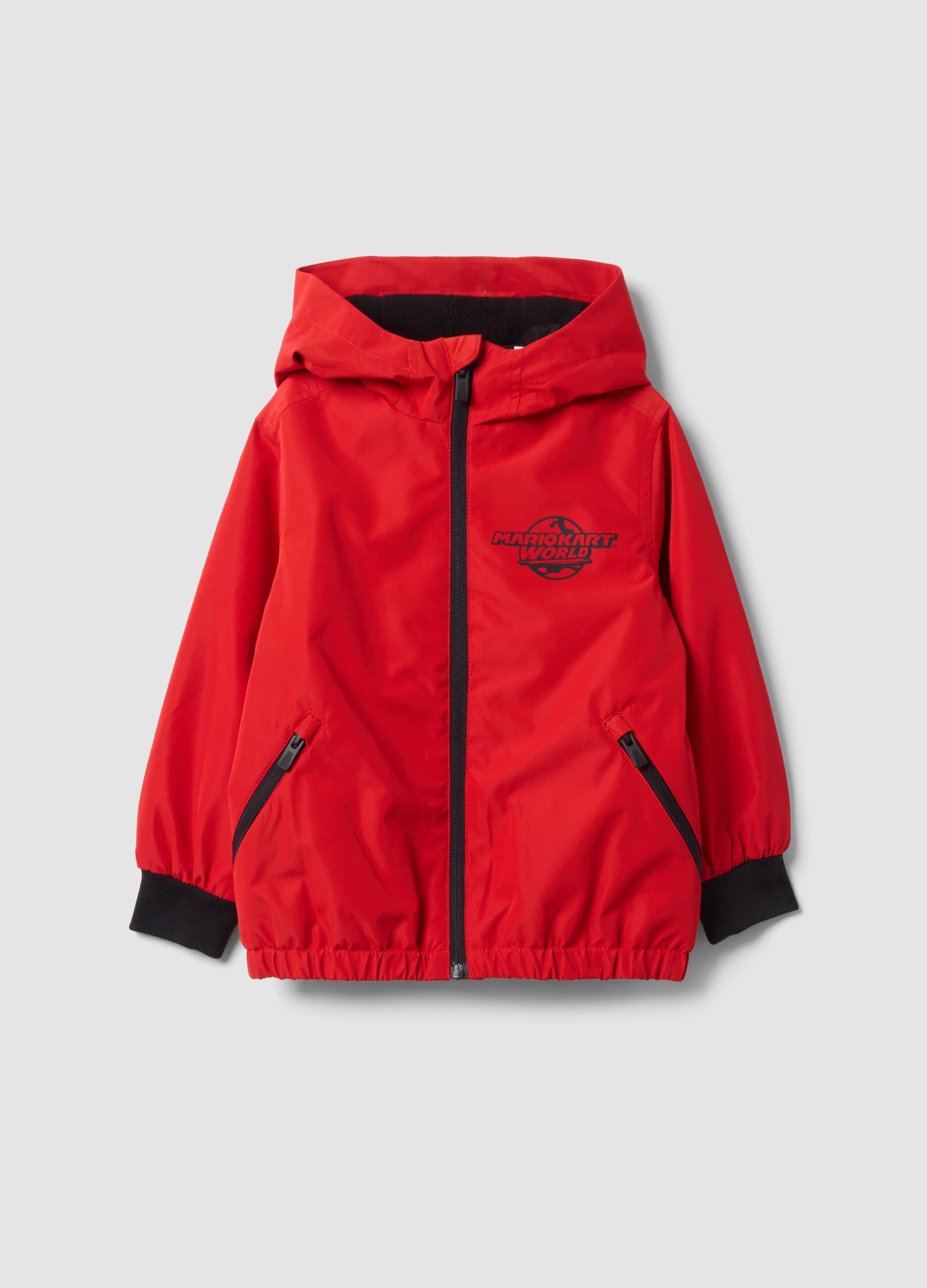 Red rain jacket with hood and zip, Mario Kart print