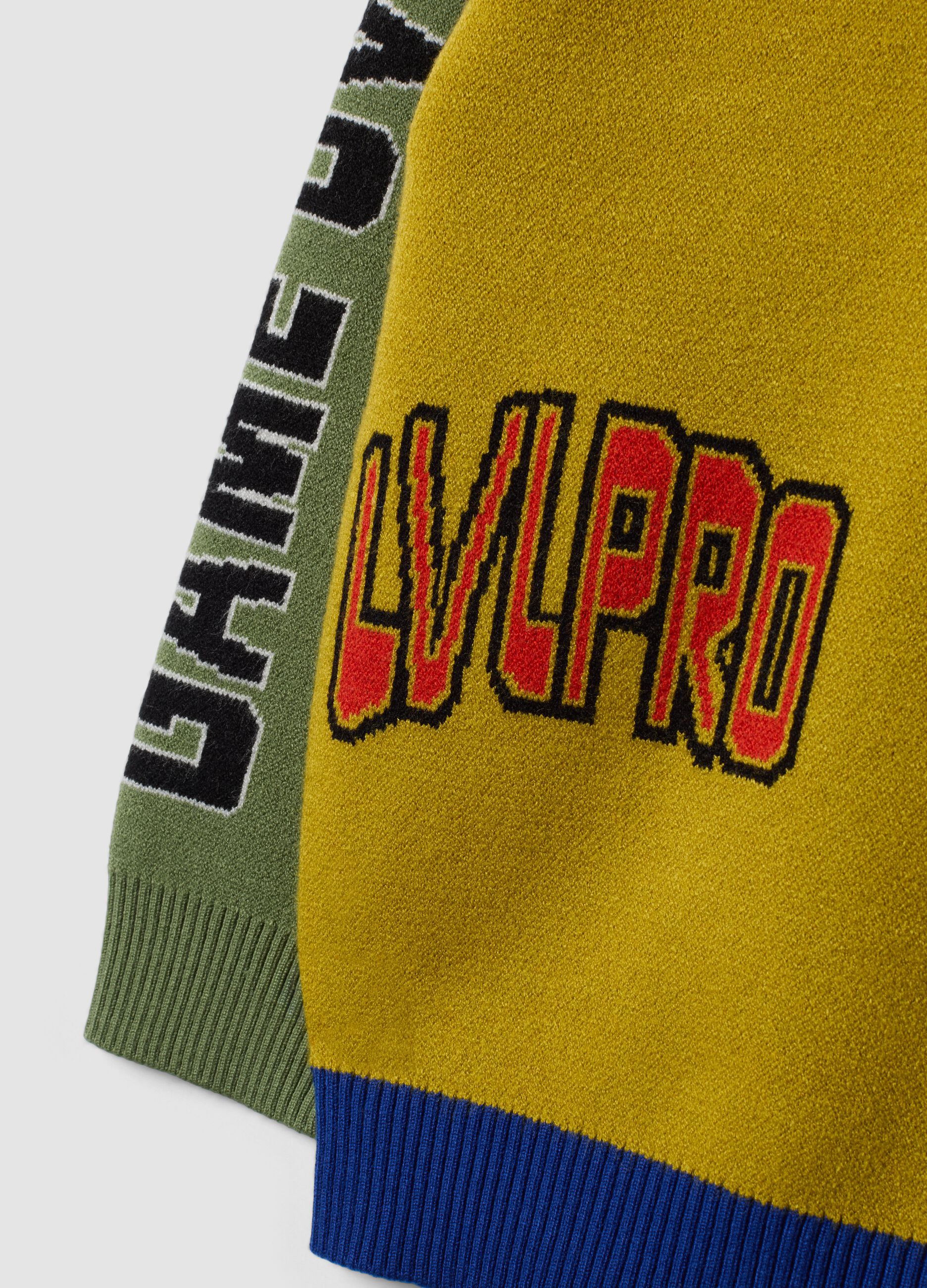 Mustard yellow, navy, red and sage green viscose-blend hooded crew-neck jumper
