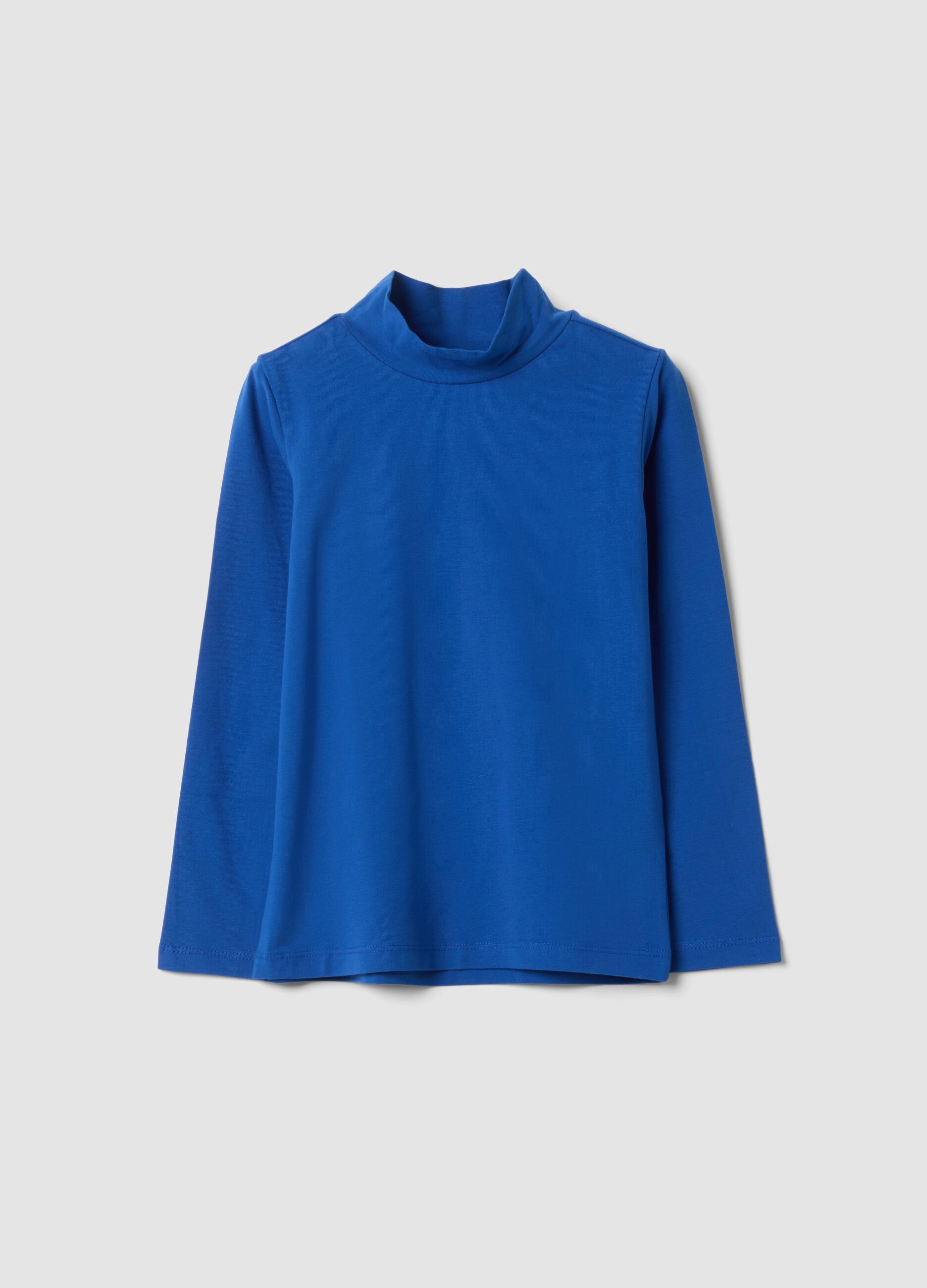 Blue stretch organic cotton crew-neck T-shirt