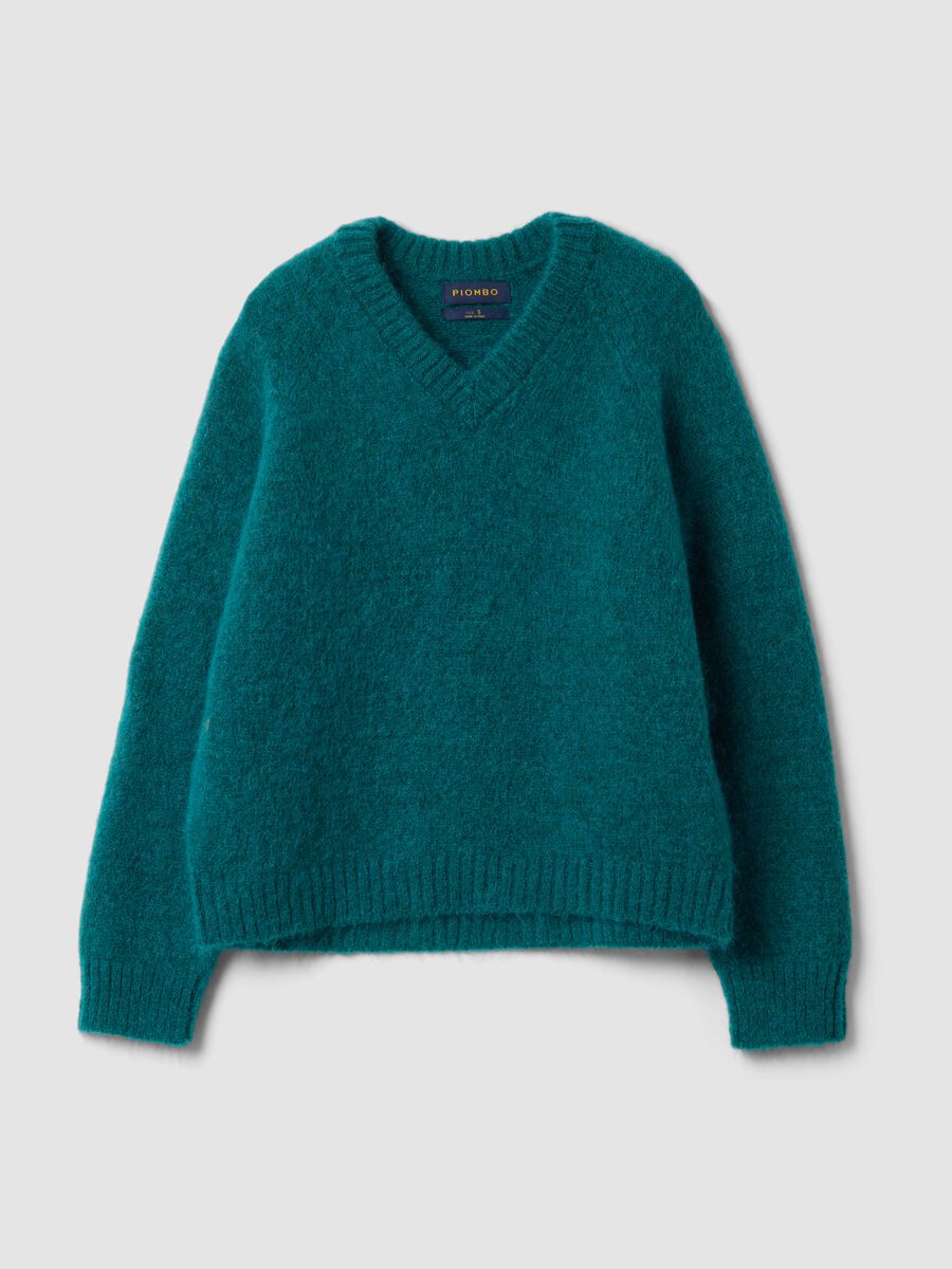 Oversized teal-green V-neck jumper in stretch mohair and merino wool_0