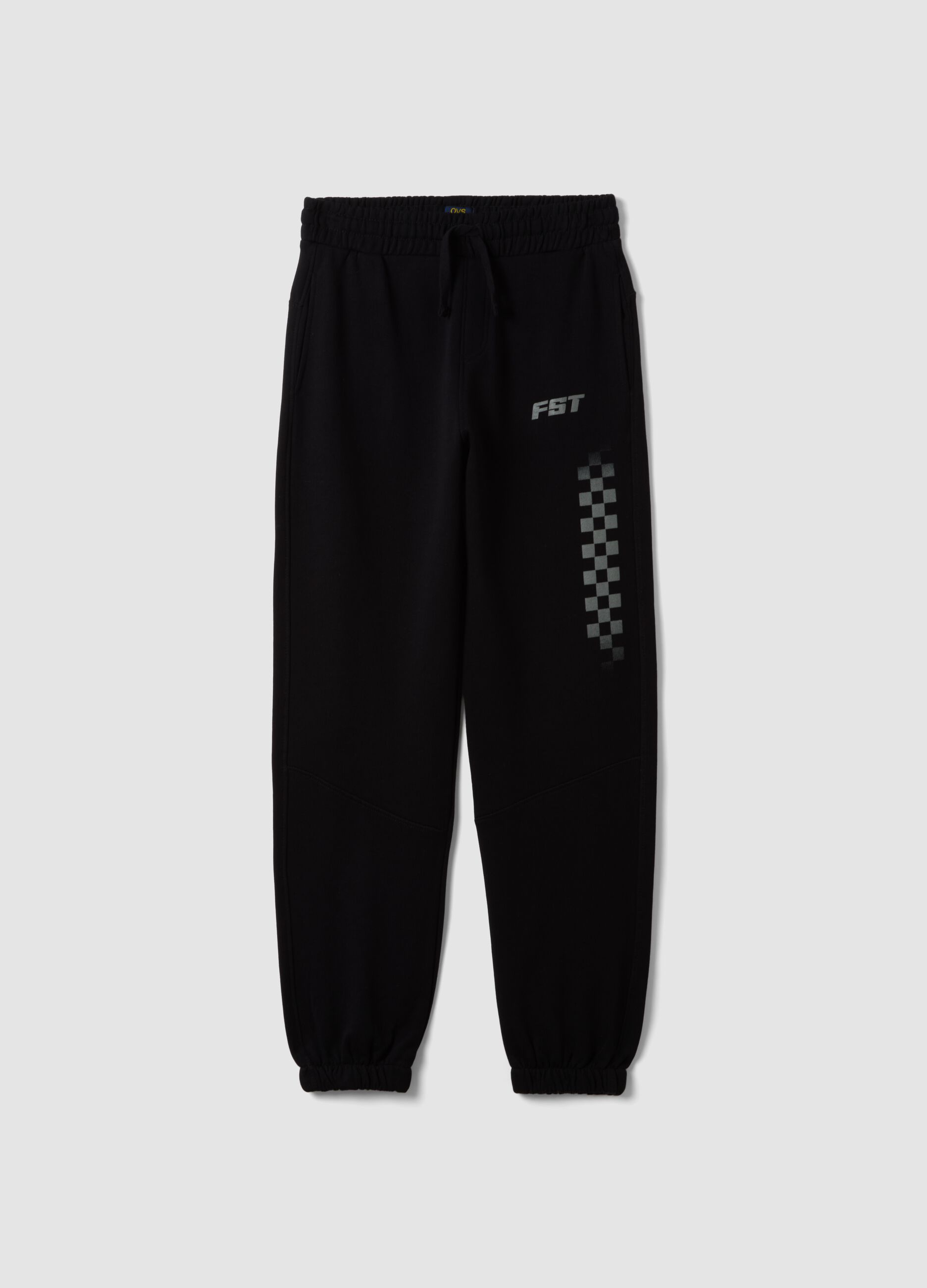 Black pure organic cotton joggers with check print, relaxed fit