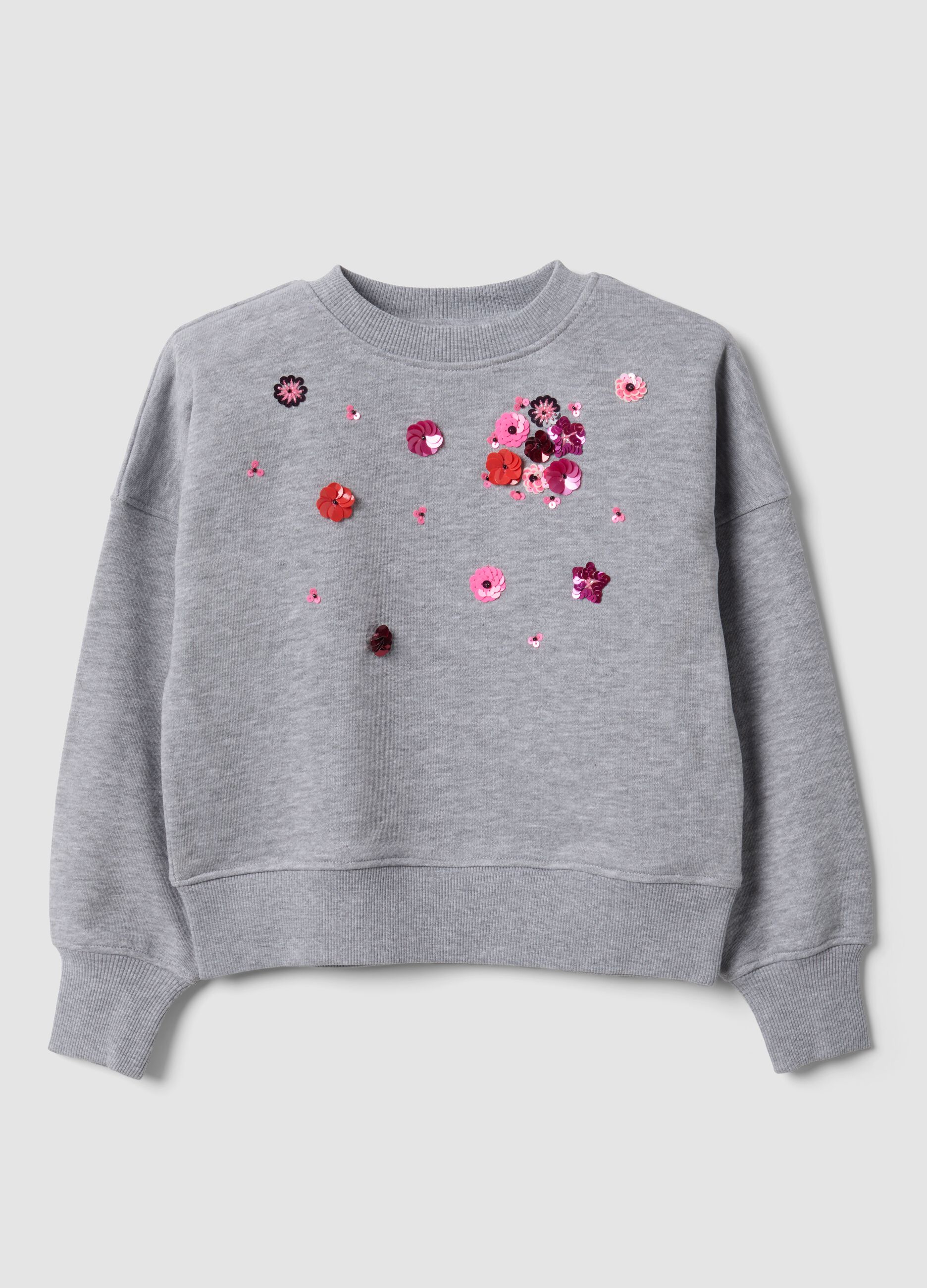 Felpa grigia in misto cotone con girocollo e paillettes