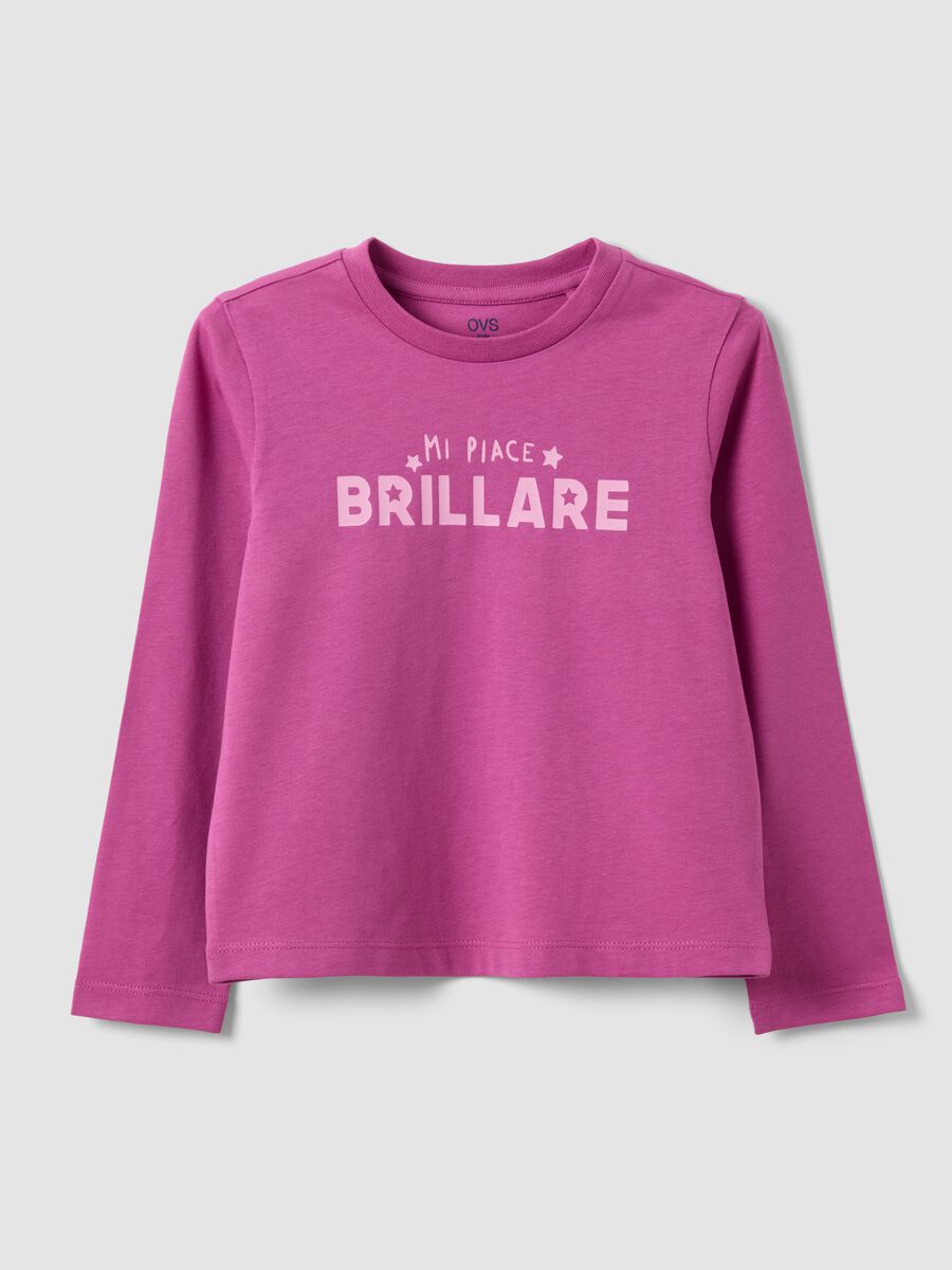 Girls' pink organic cotton T-shirt with front slogan_0