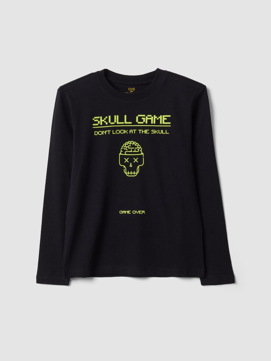 Black organic cotton crew-neck T-shirt with skull print for boys_3
