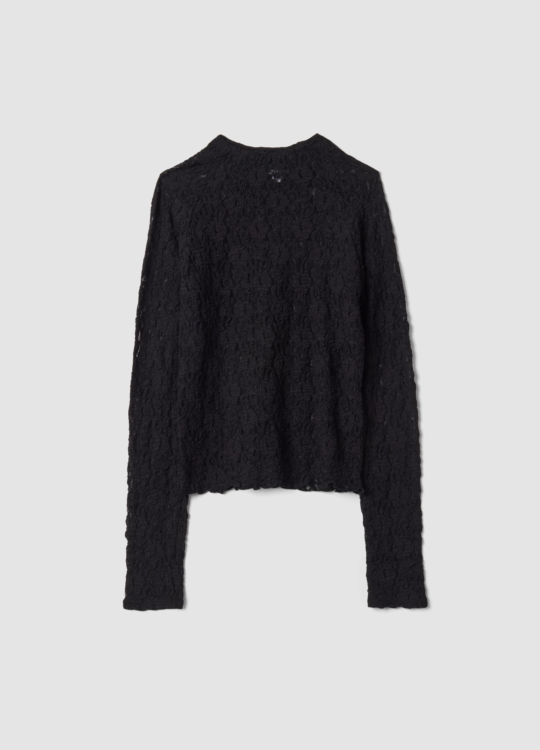 Black stretch openwork T-shirt with raised collar