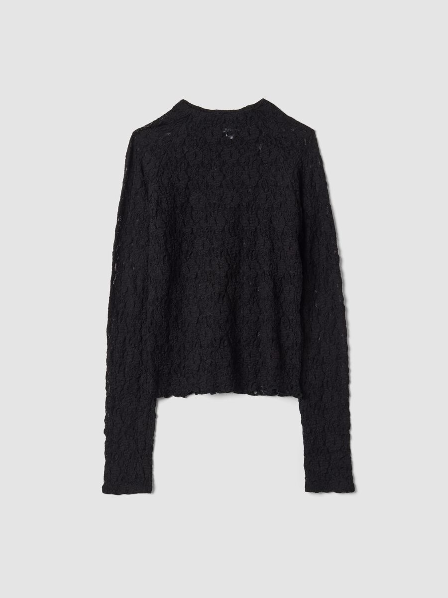 Black stretch openwork T-shirt with raised collar_0