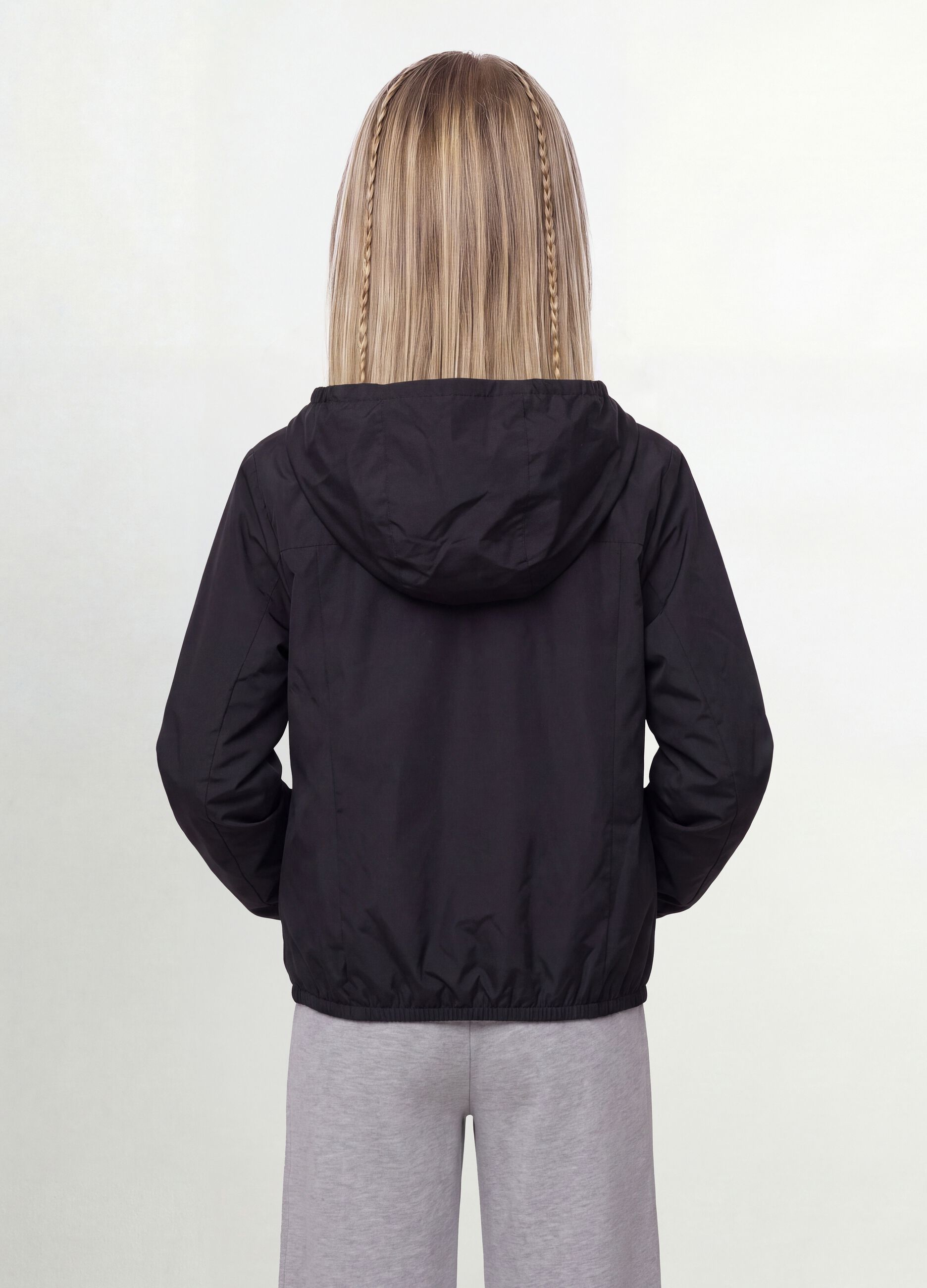 Black rain jacket with hood and zip for girls