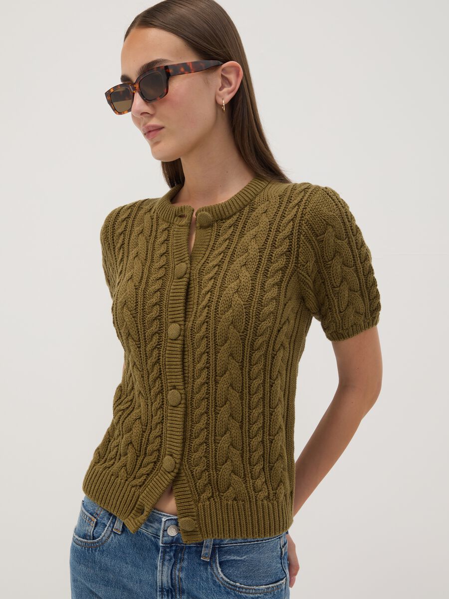 Green cable-knit pure cotton cardigan, regular fit_0