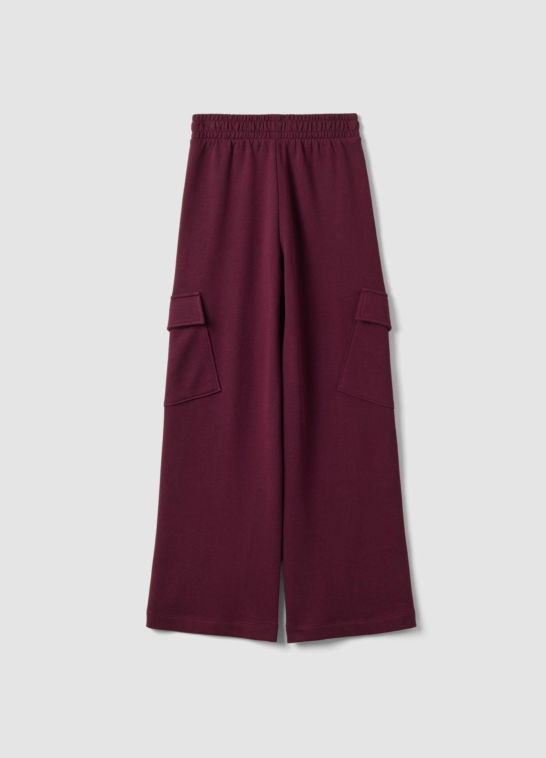 Purple pure-cotton wide-leg trousers with cargo pockets