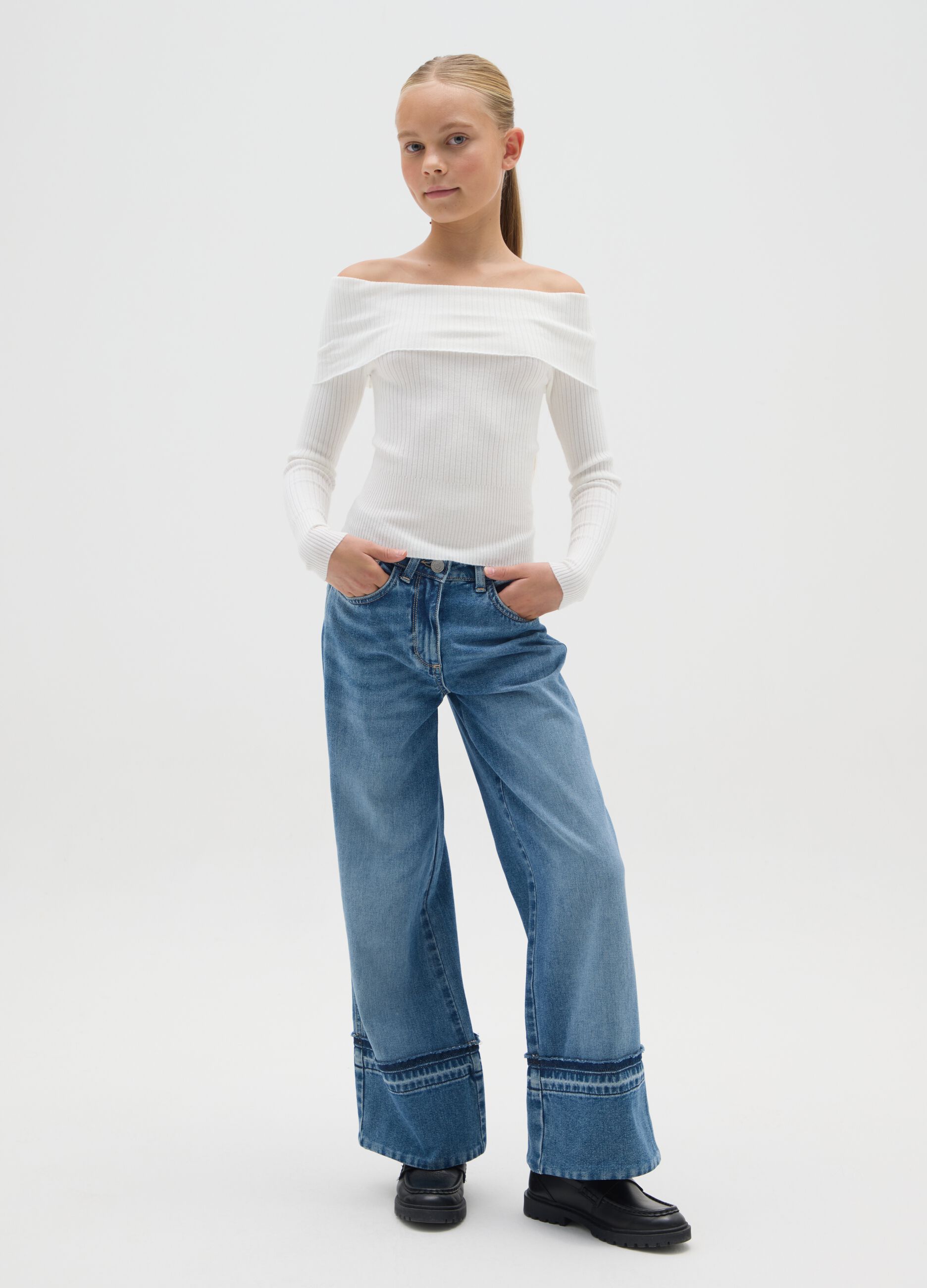 Girls' Pure Cotton Denim Wide Leg Jeans