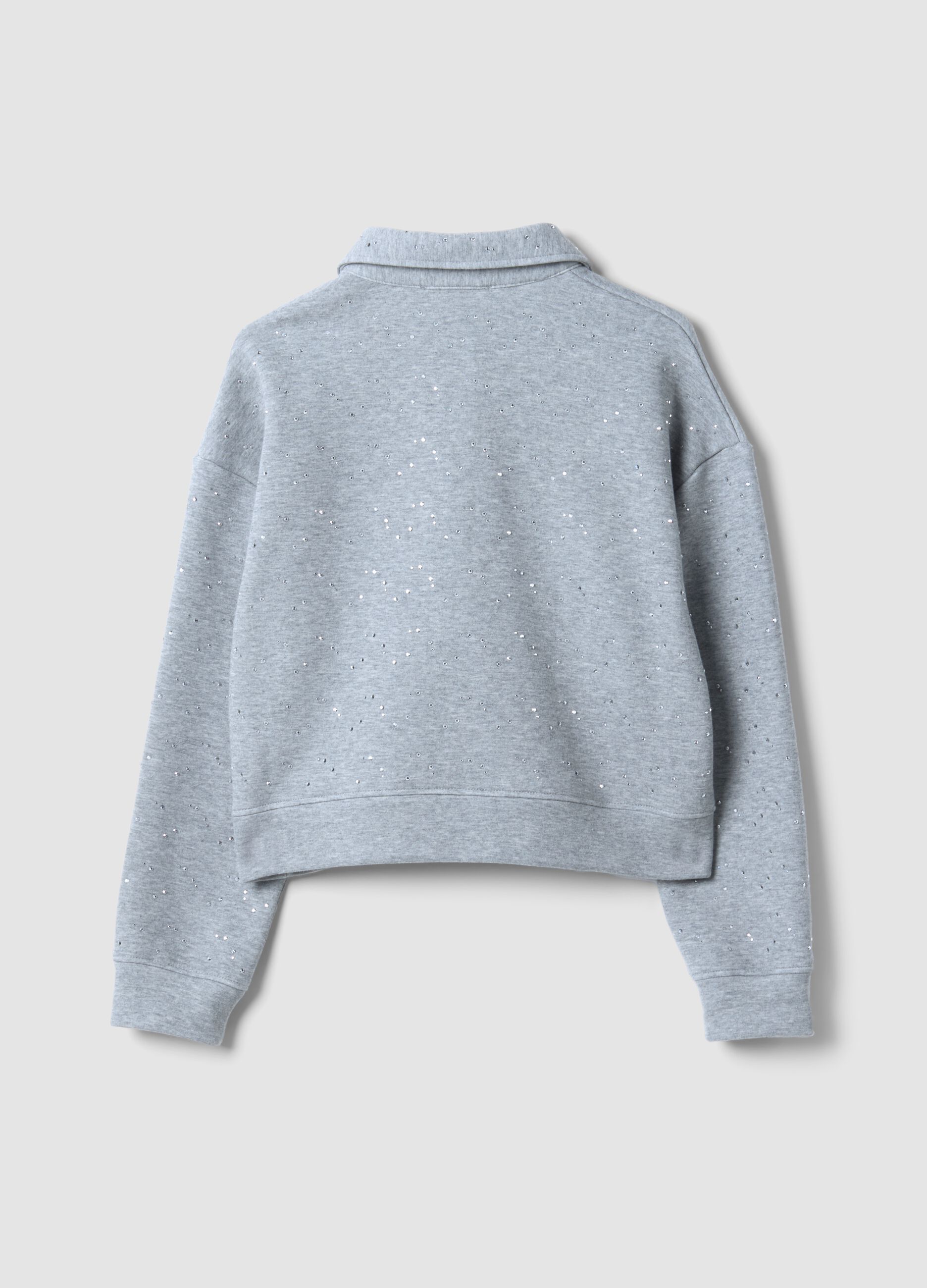 Grey cotton-blend polo with all-over rhinestones, regular fit
