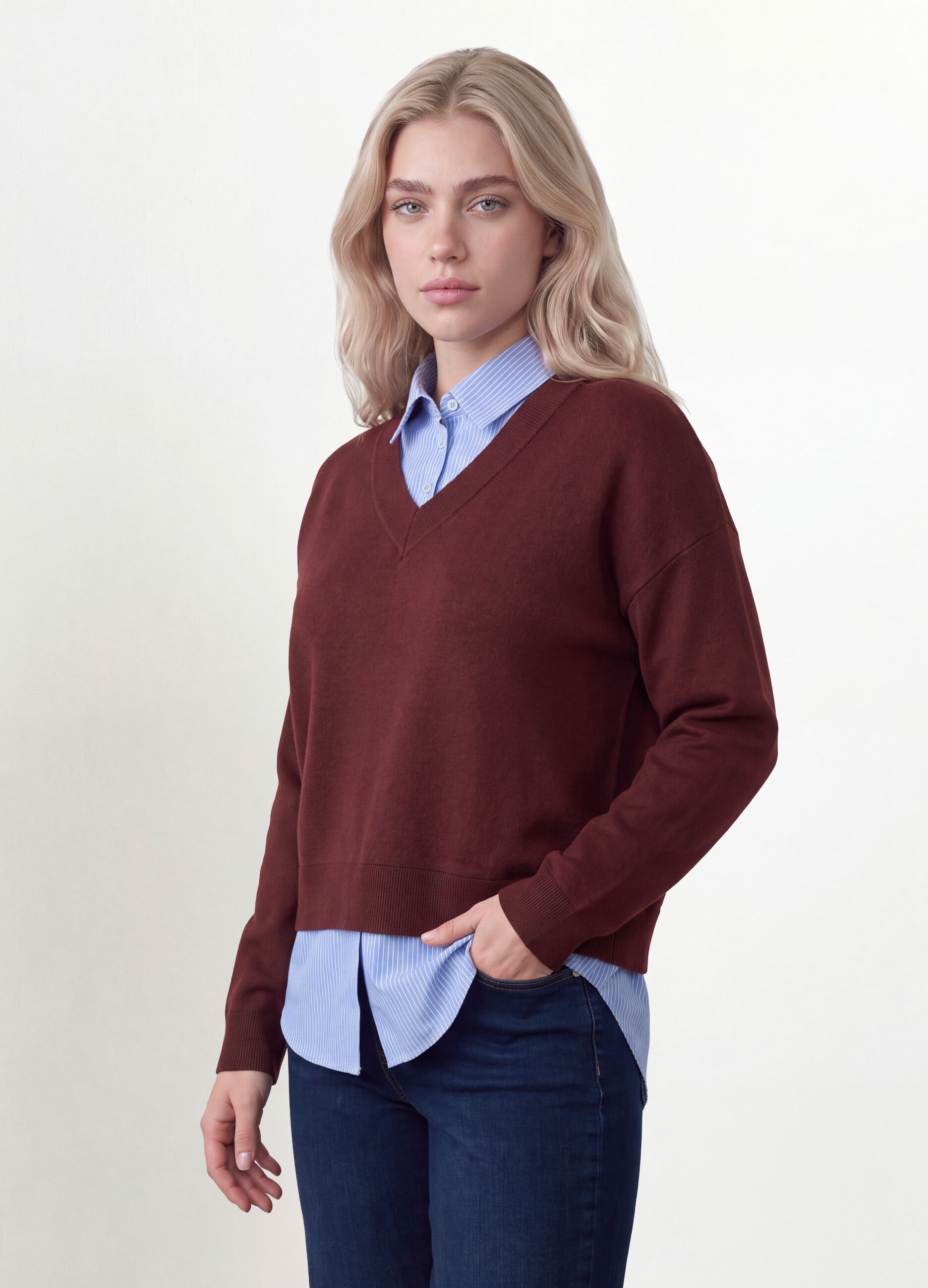 Red viscose-blend top with layered-look effect