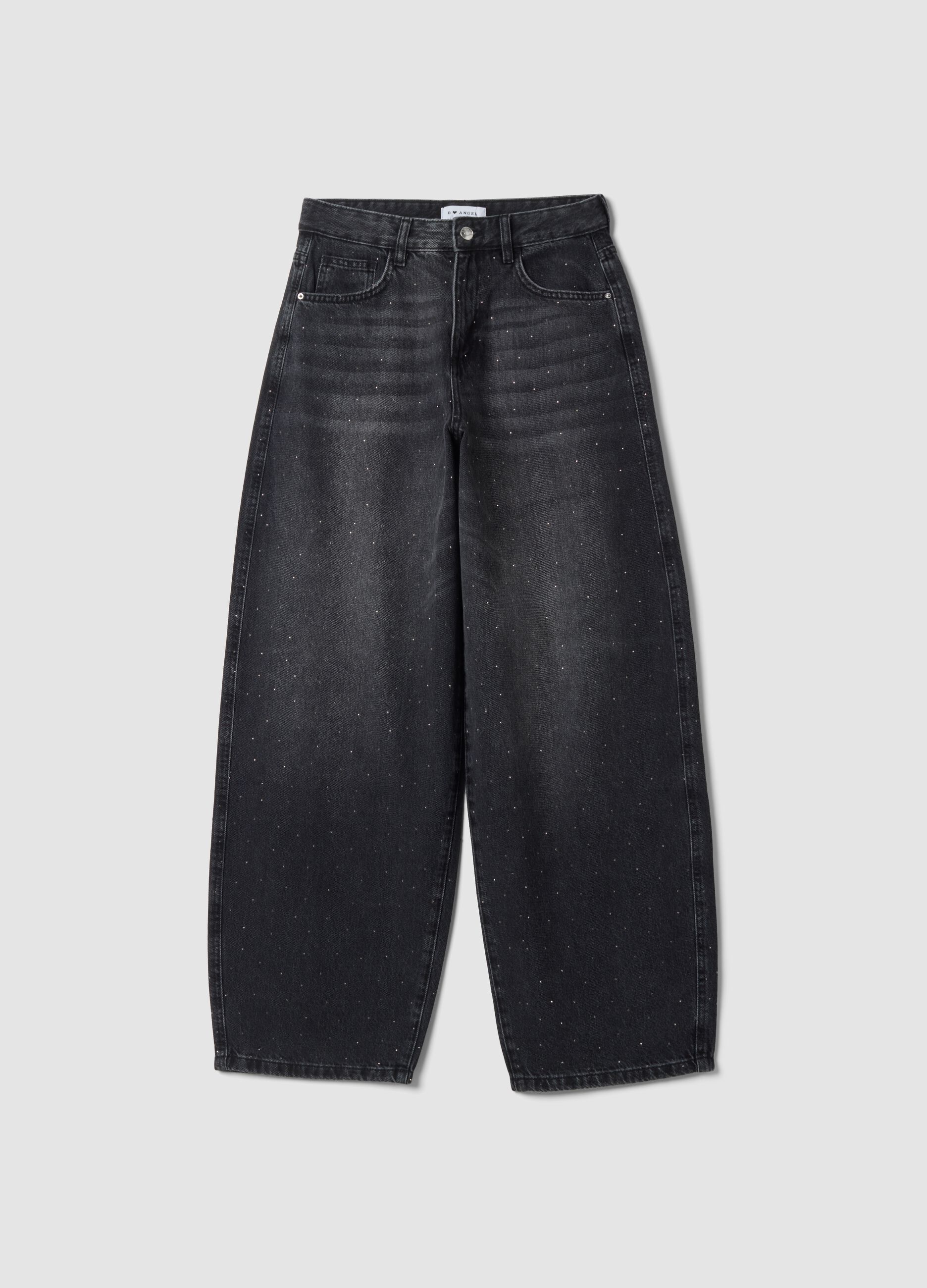 Jeans neri in puro cotone skater fit con strass