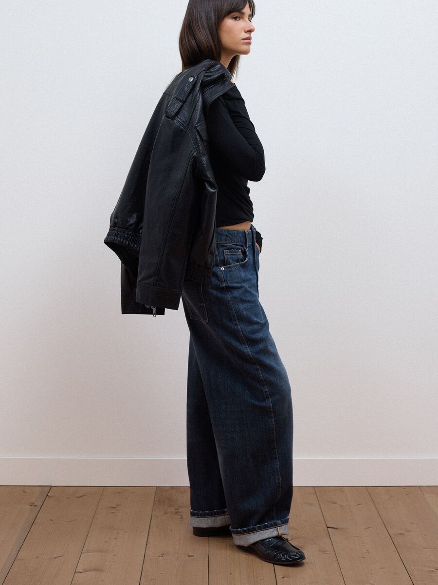 Black stretch viscose, silk and wool T-shirt with draping_1