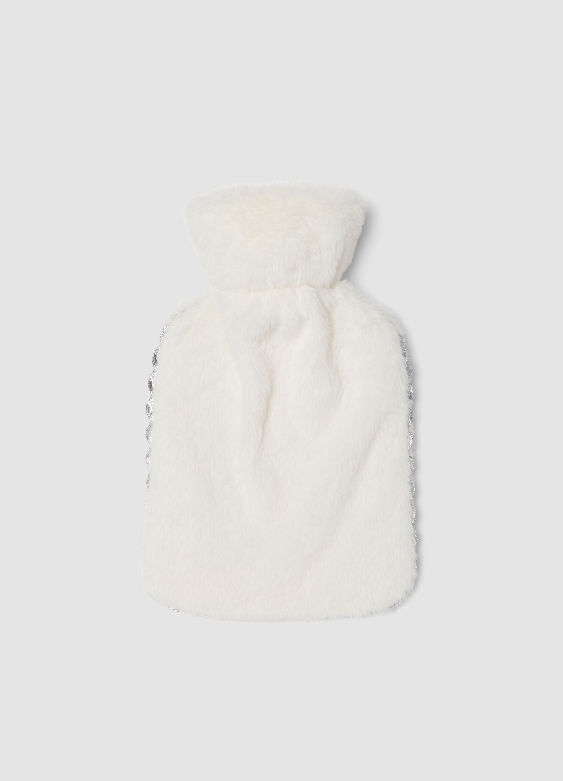 White teddy-effect hot water bottle with embroidered detail