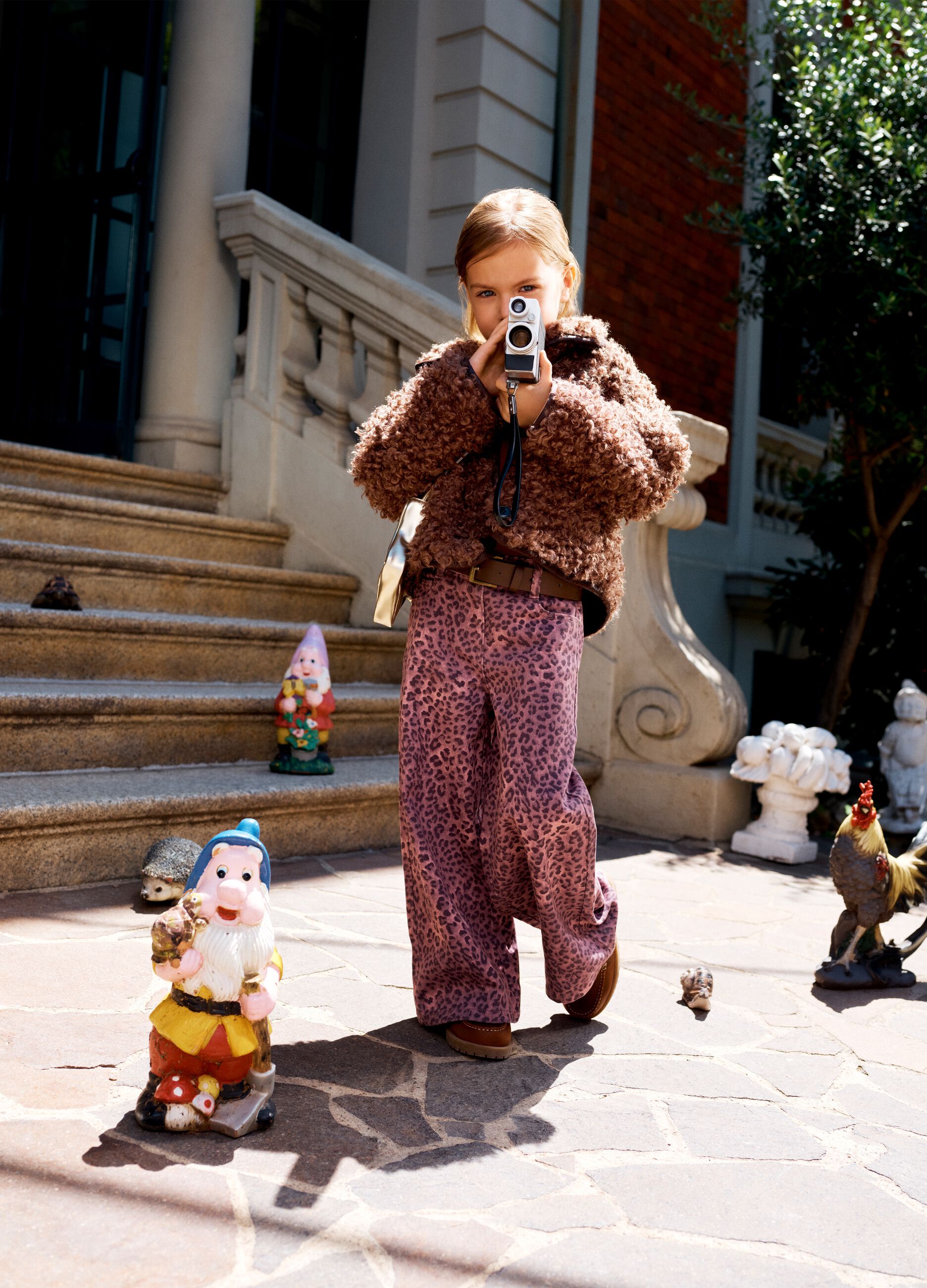 Purple wide-leg pure cotton trousers with animal print for girls