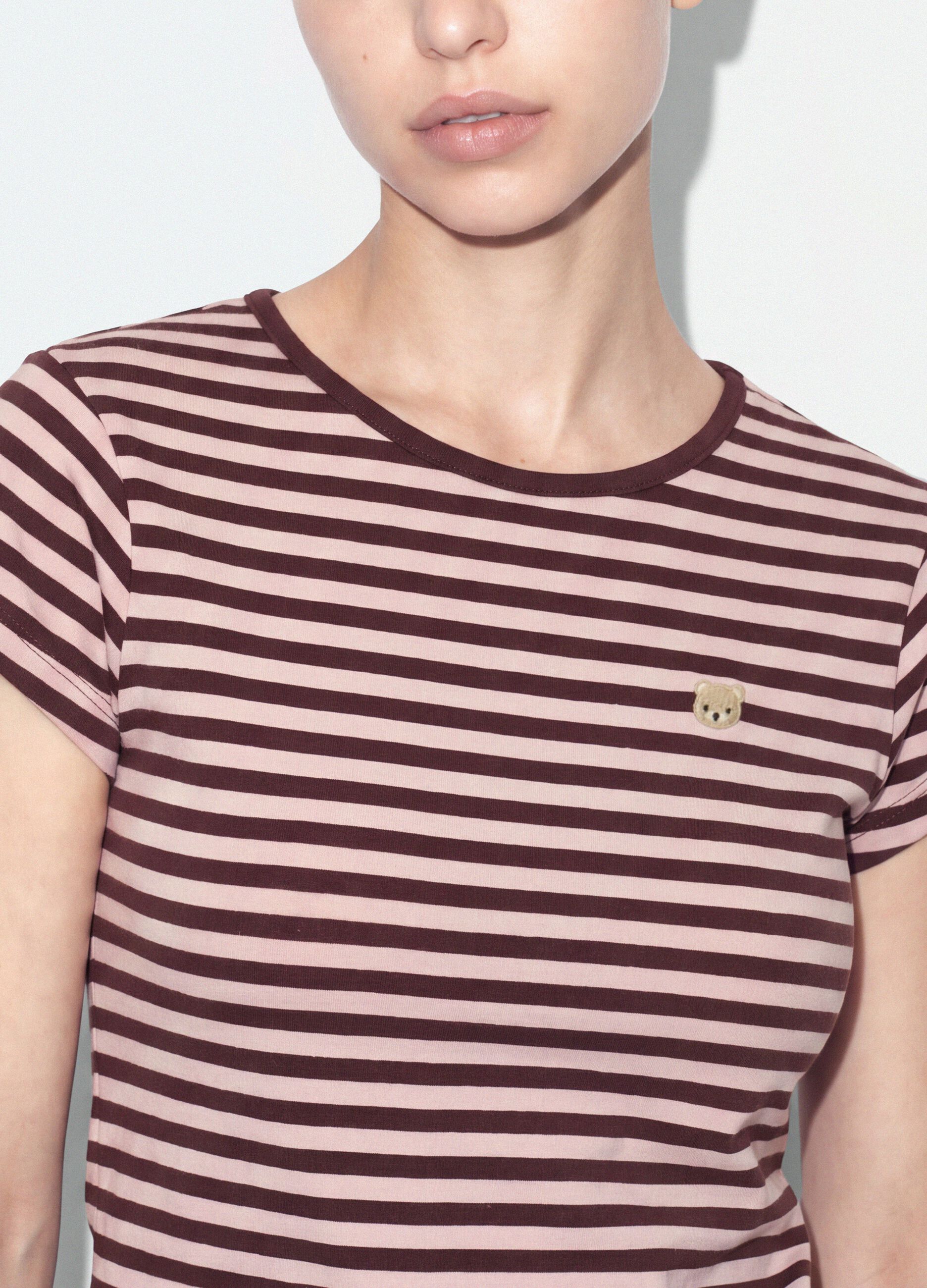 Brown pure cotton crew-neck striped T-shirt