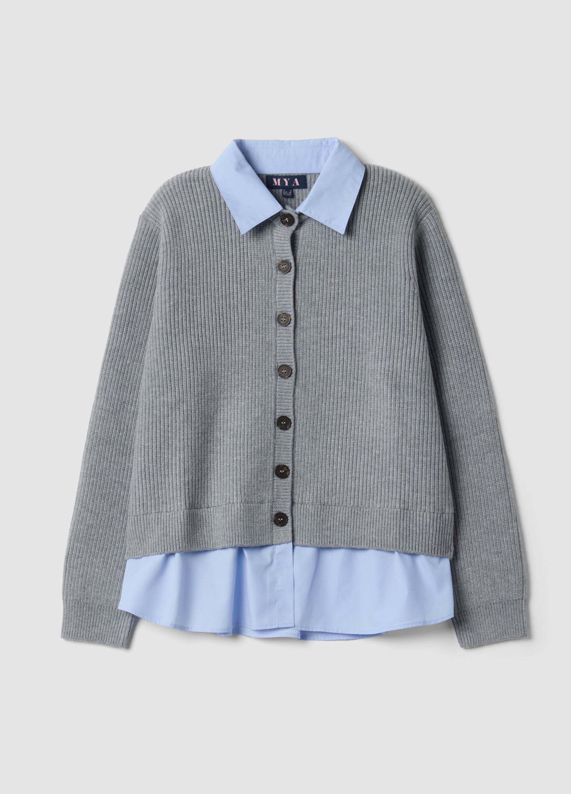 Cardigan grigio con colletto regular fit a coste effetto doppio strato