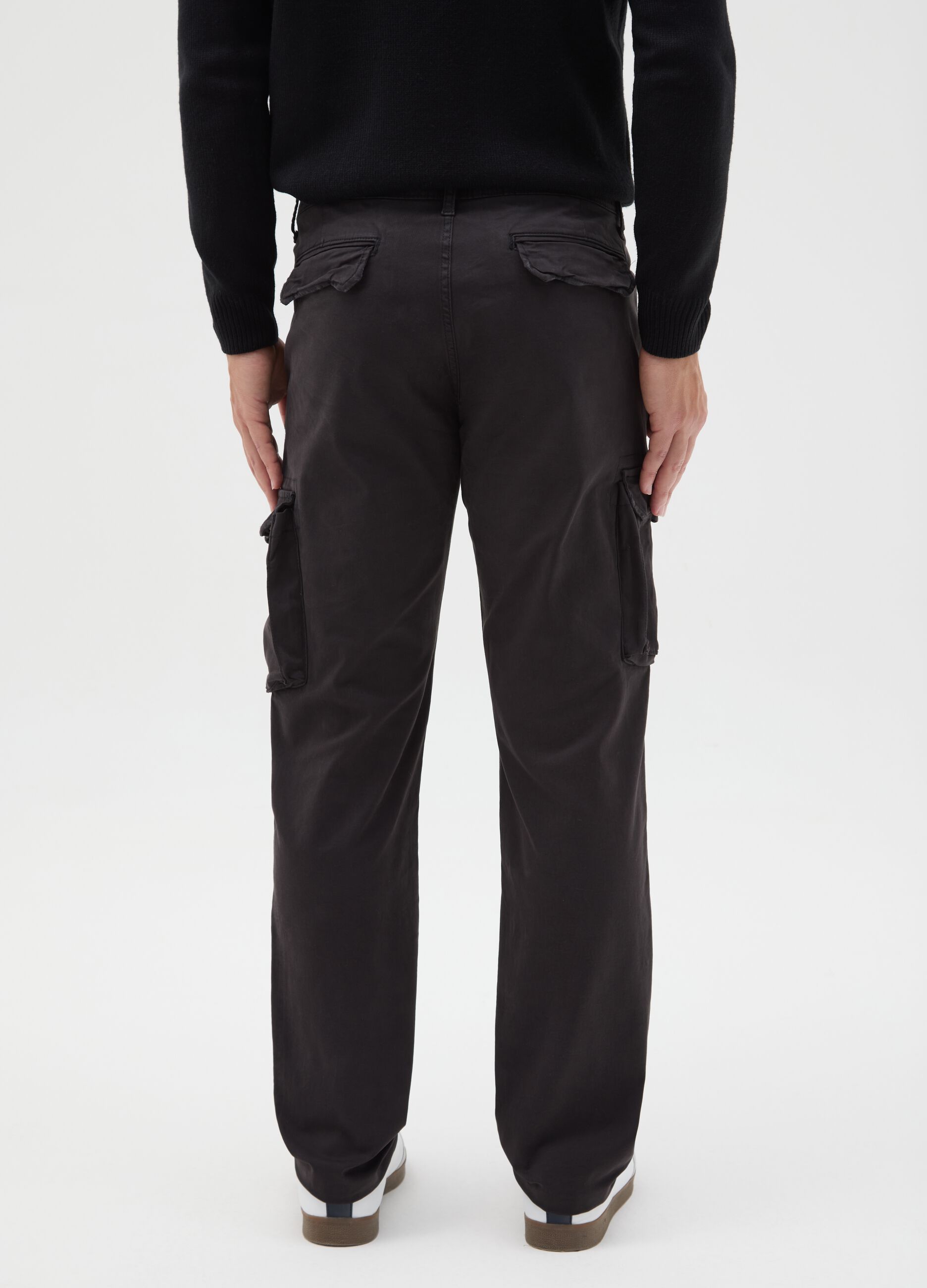 Black Stretch Cotton Slim Fit Cargo Trousers