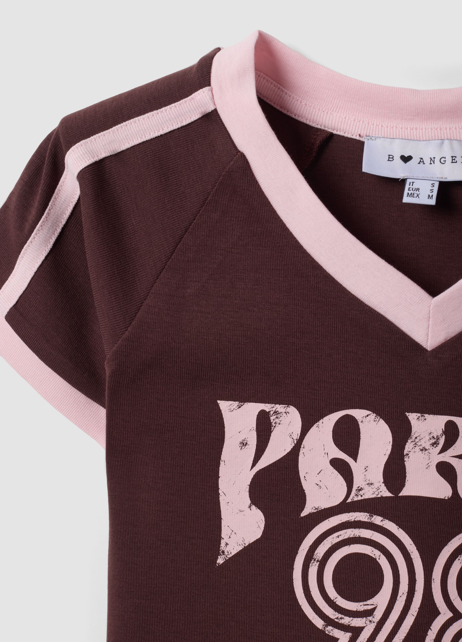 Brown pure cotton V-neck T-shirt with front print