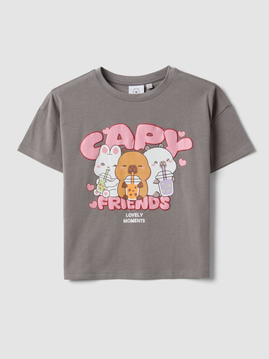 Girls&rsquo; grey stretch cotton T-shirt with capybara print_0