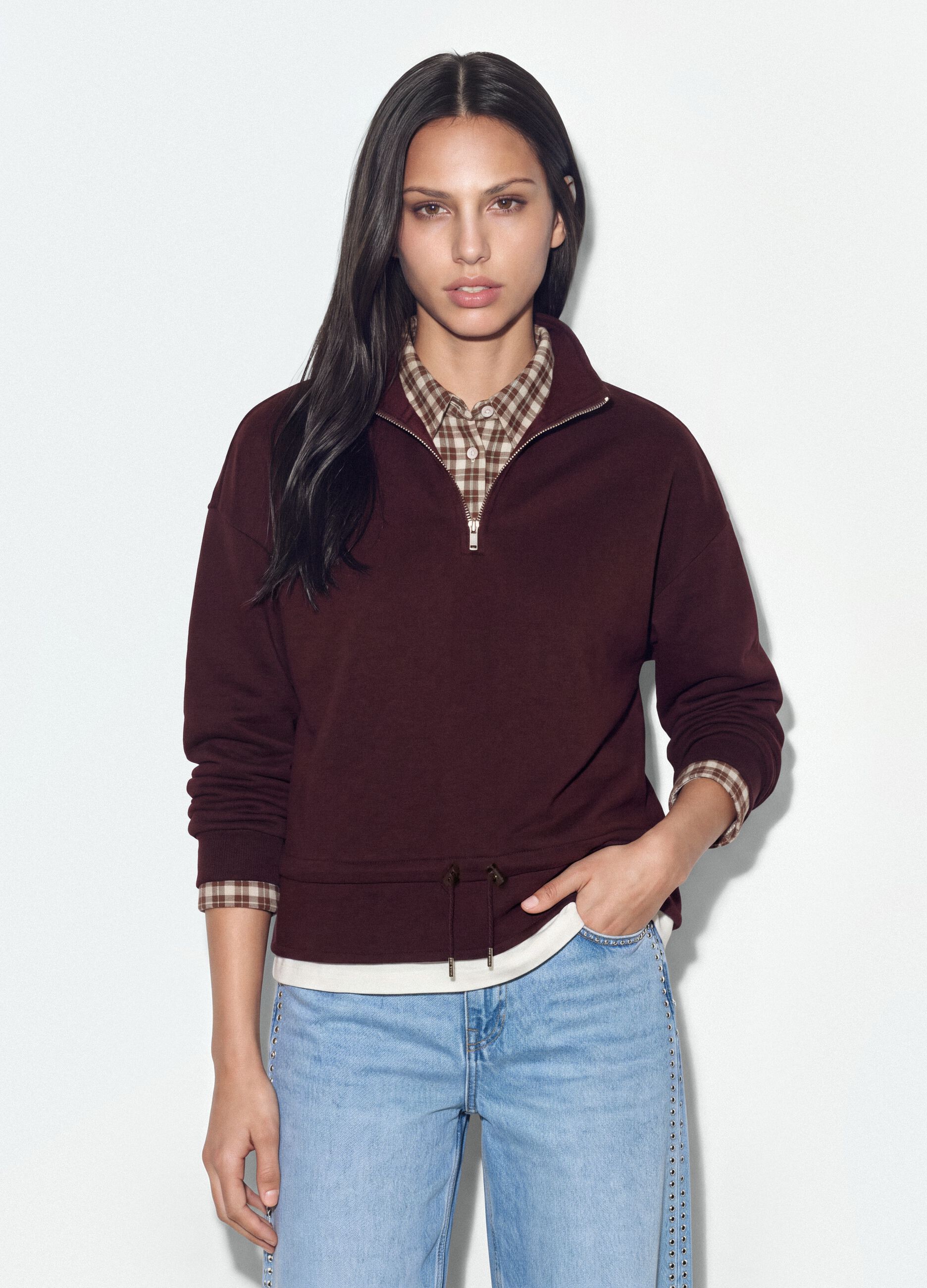 Half-zip viola in misto cotone a strati regular fit