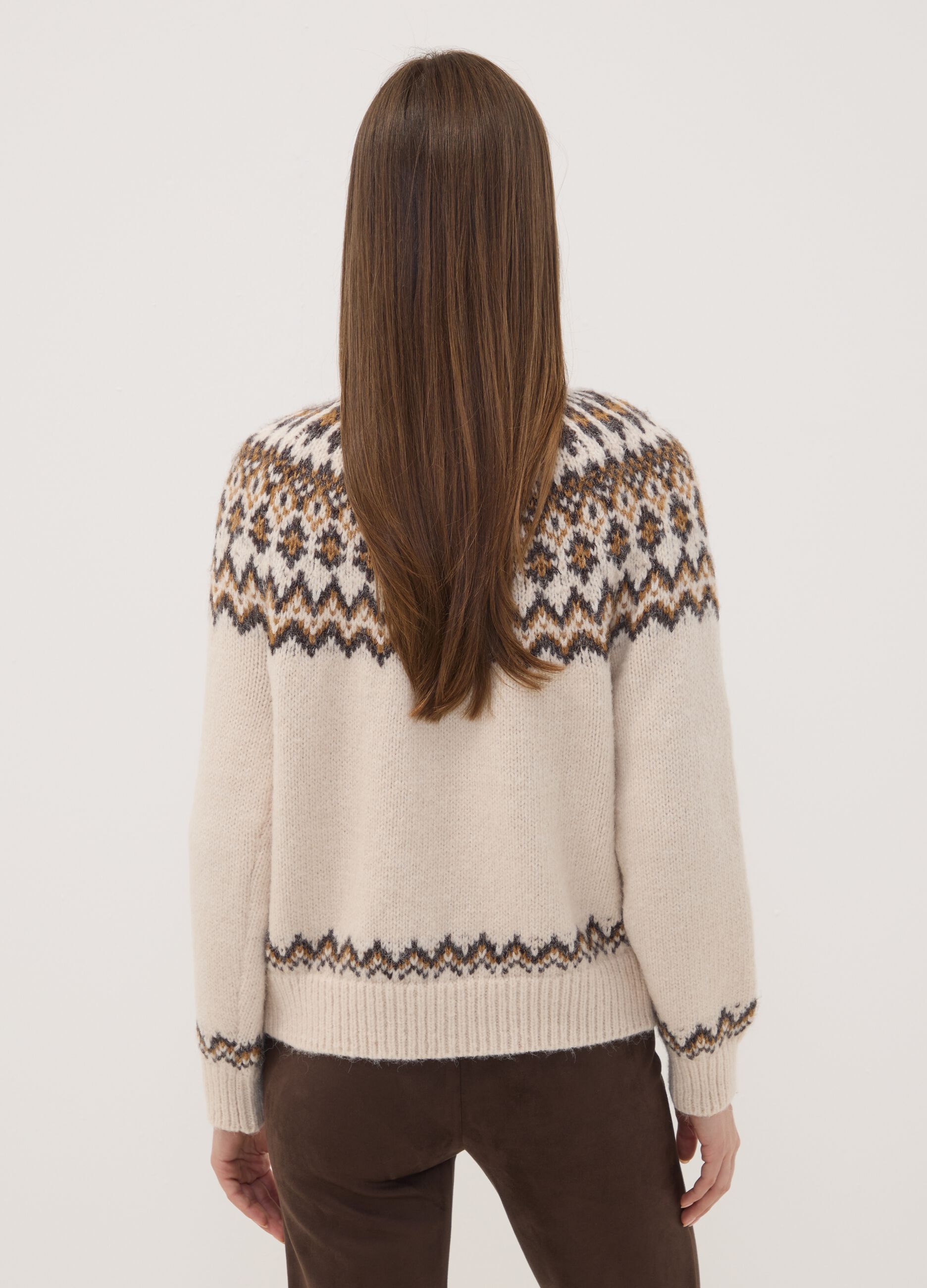 Maglione beige jacquard con Collo rialzato