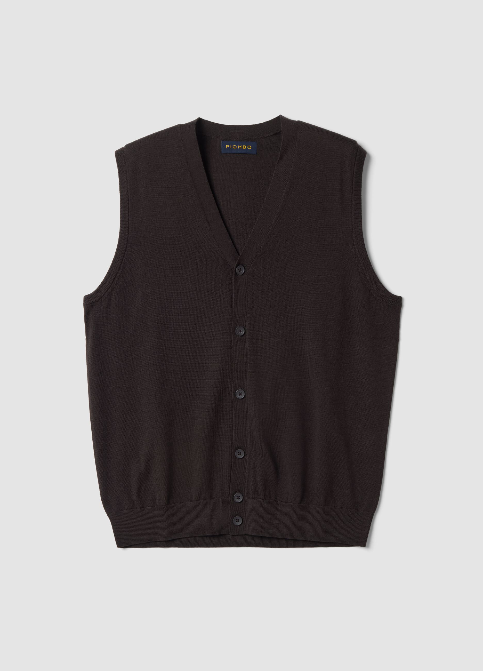 Brown pure merino wool V-neck gilet