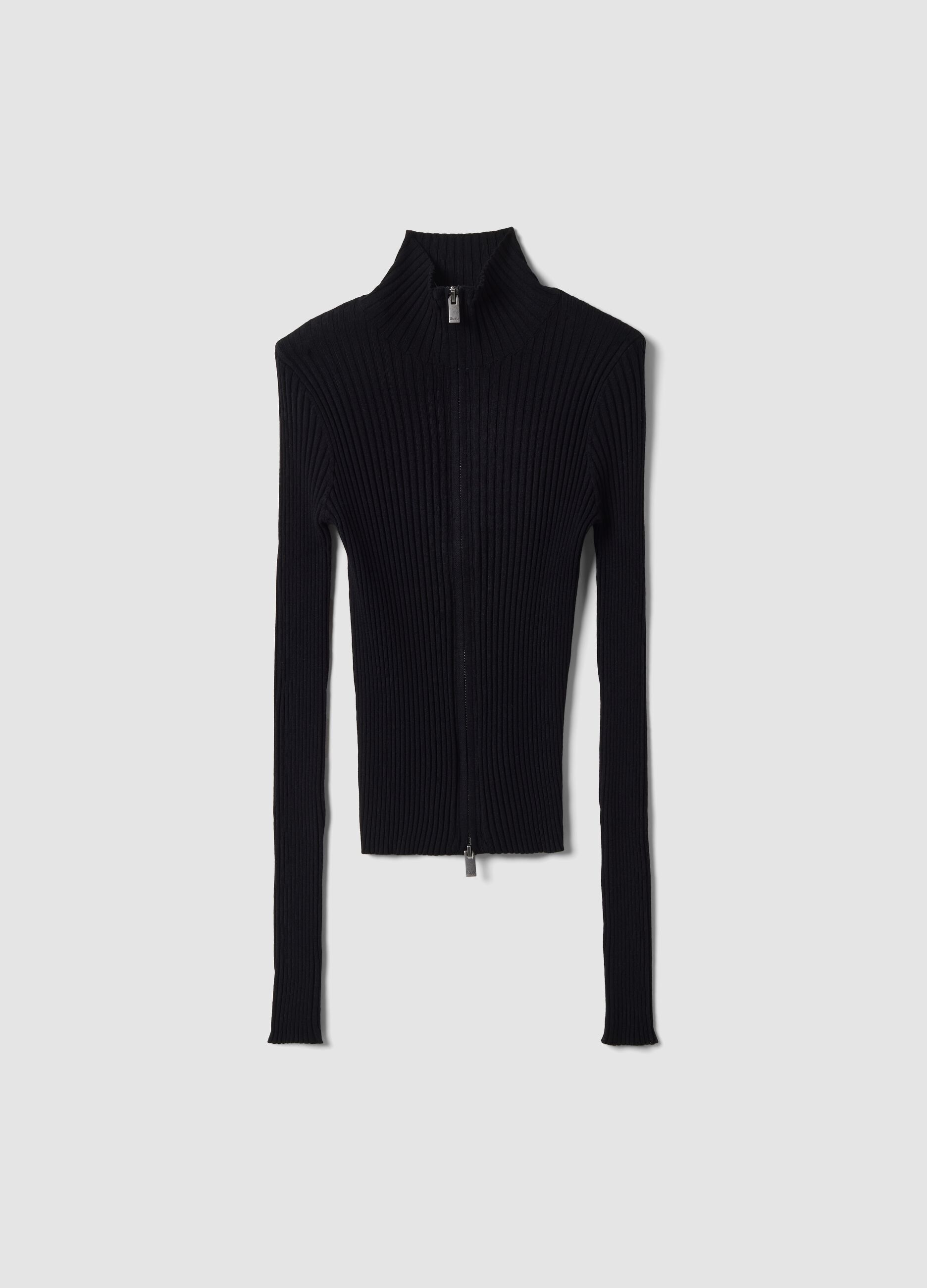 Black Ribbed Knit Full-Zip
