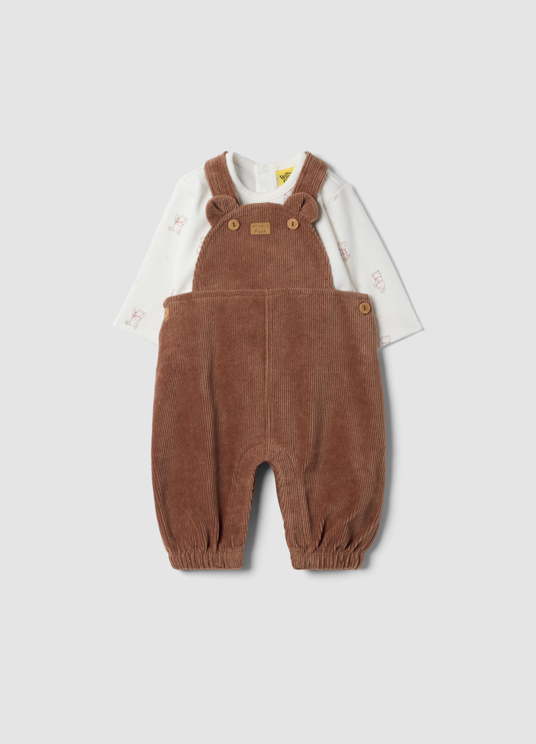 Brown organic cotton-blend set with Winnie the Pooh dungarees