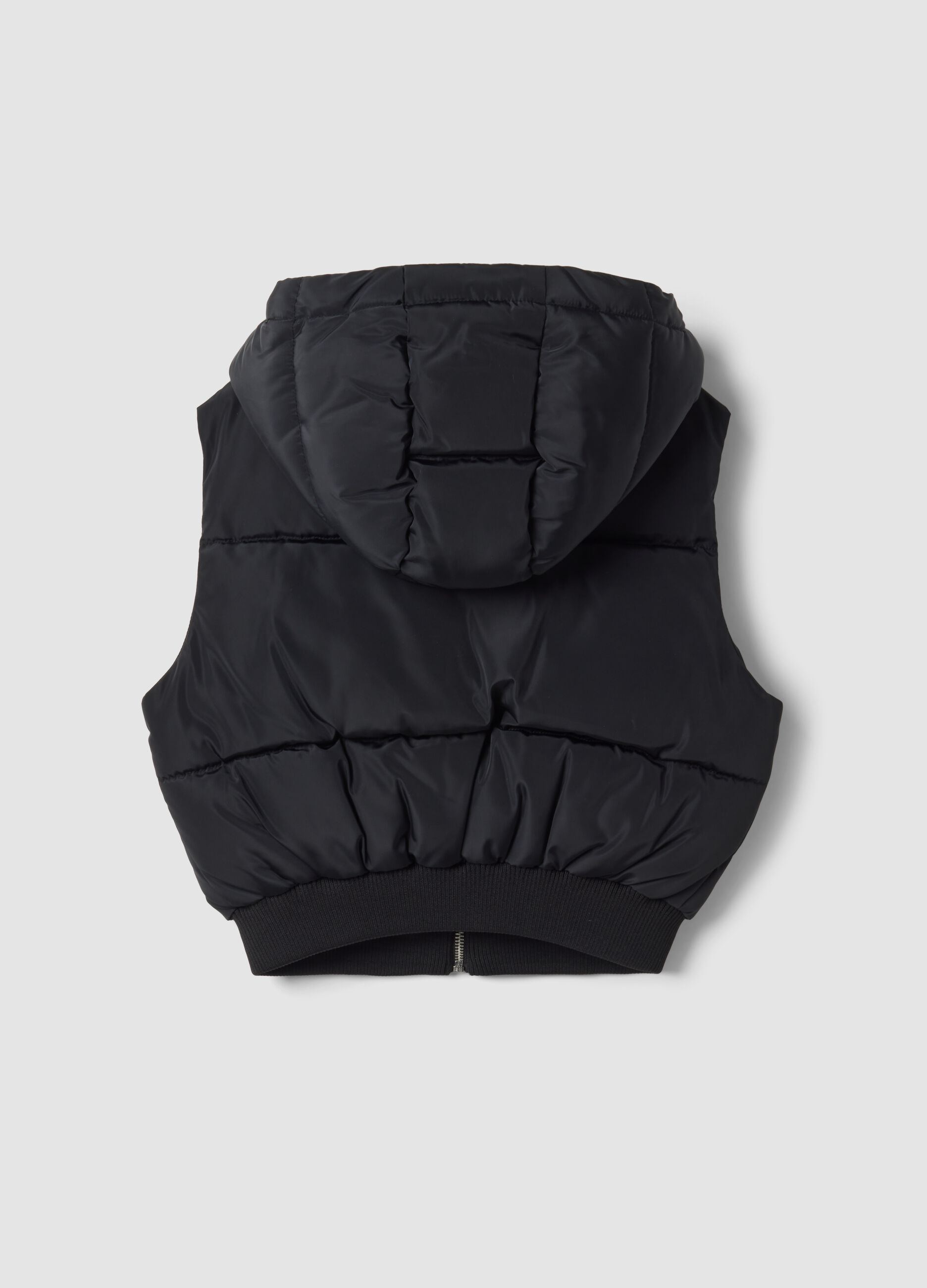 Black padded gilet with hood and zip