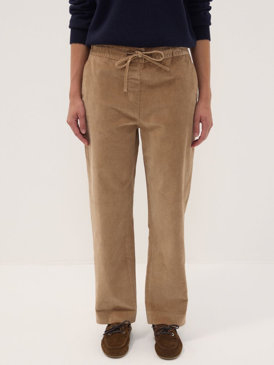 Beige ribbed stretch cotton trousers with elasticated waistband_1