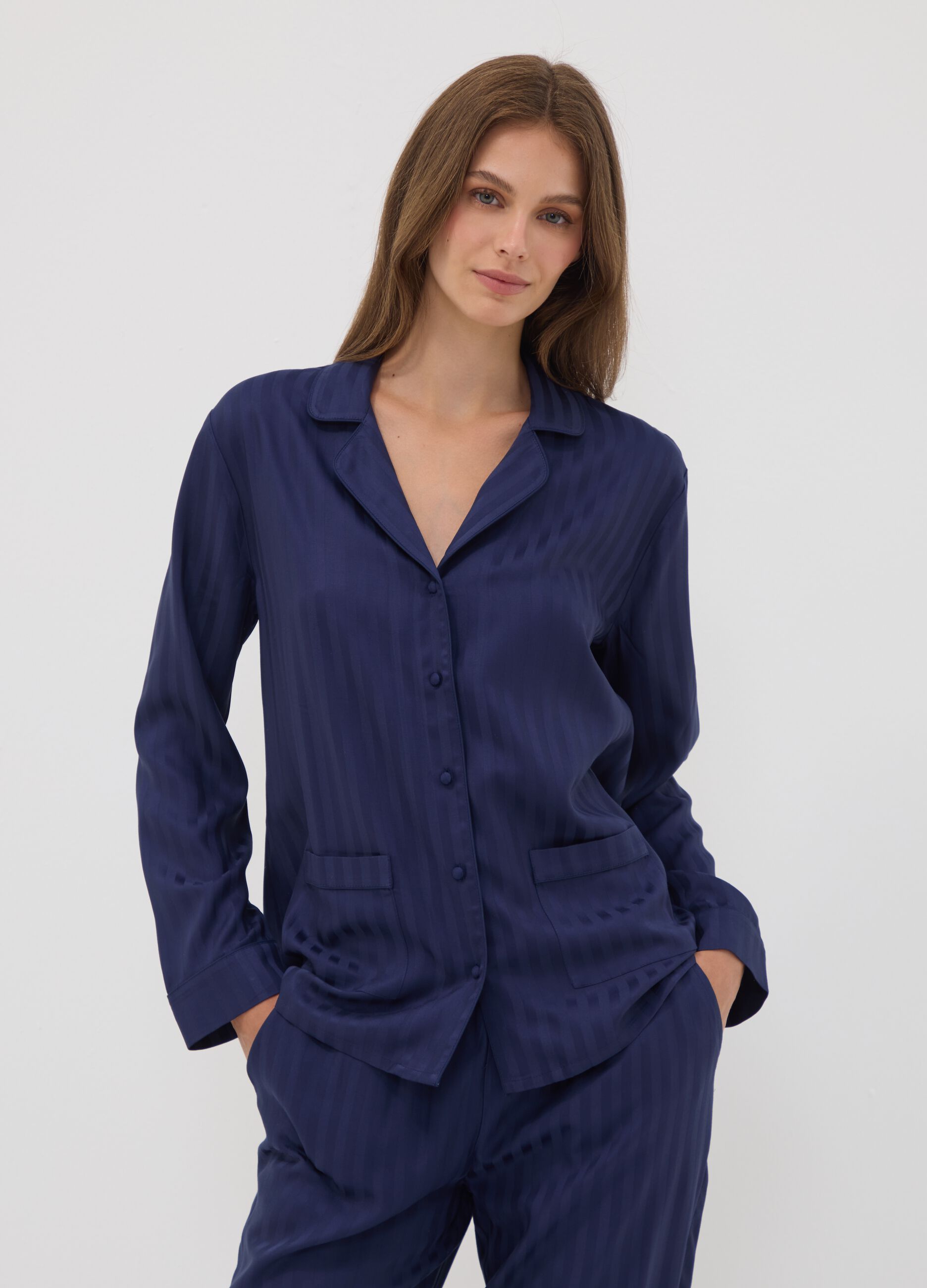Blue pure viscose pyjama set with V-neck