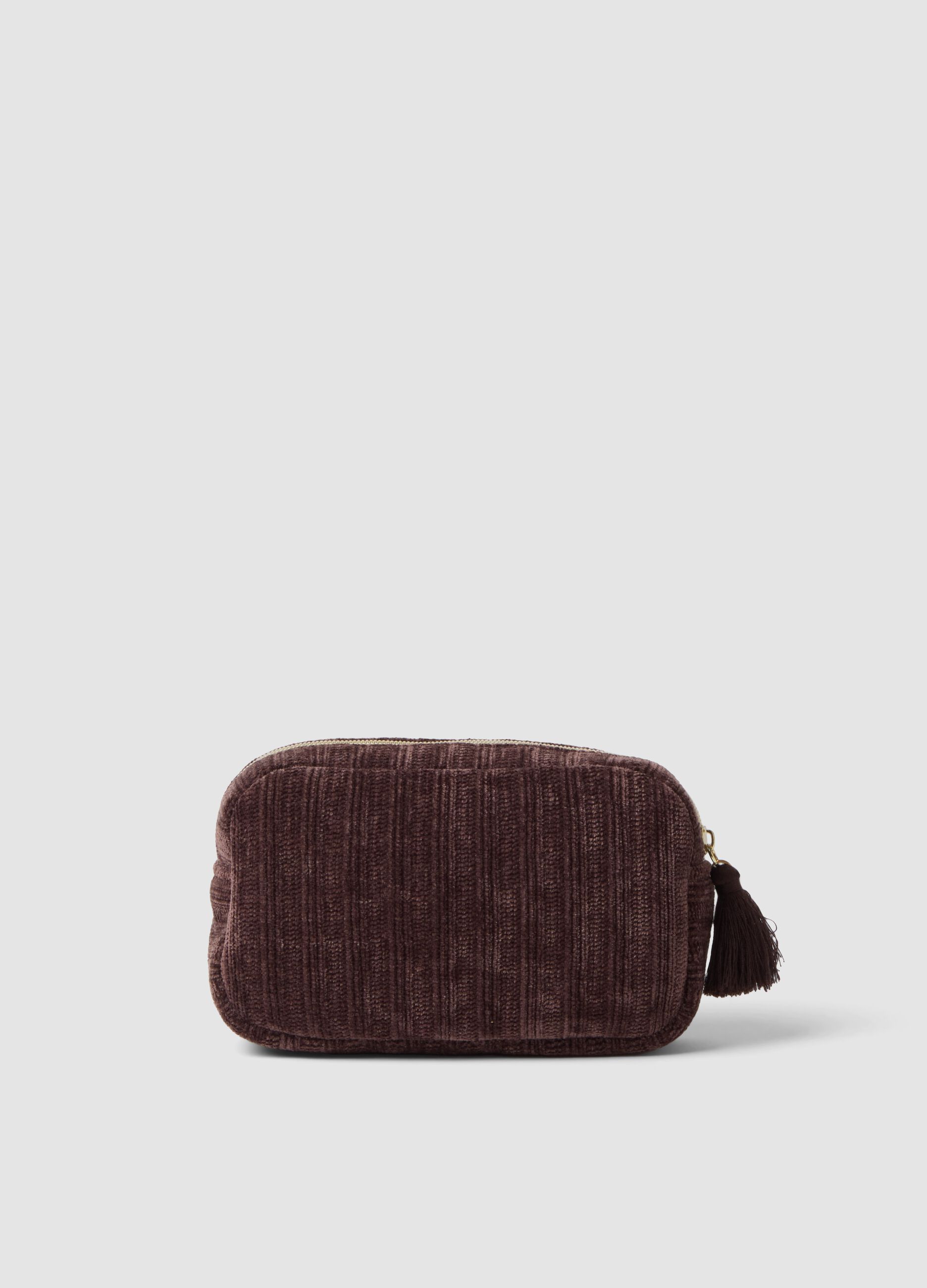 Brown make-up bag with floral embroidery and tassel