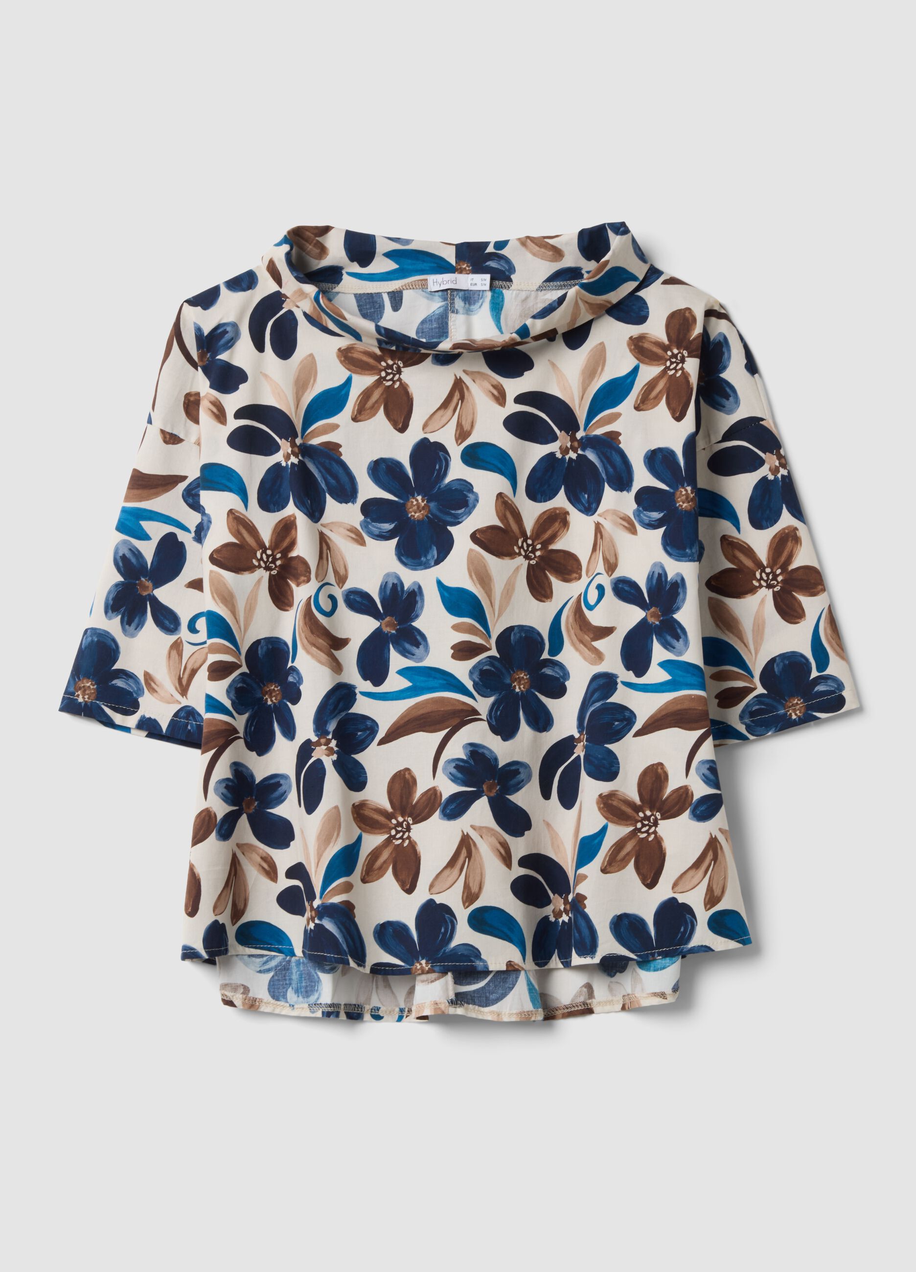 Blusa bianca in cotone elasticizzato con fantasia floreale regular fit