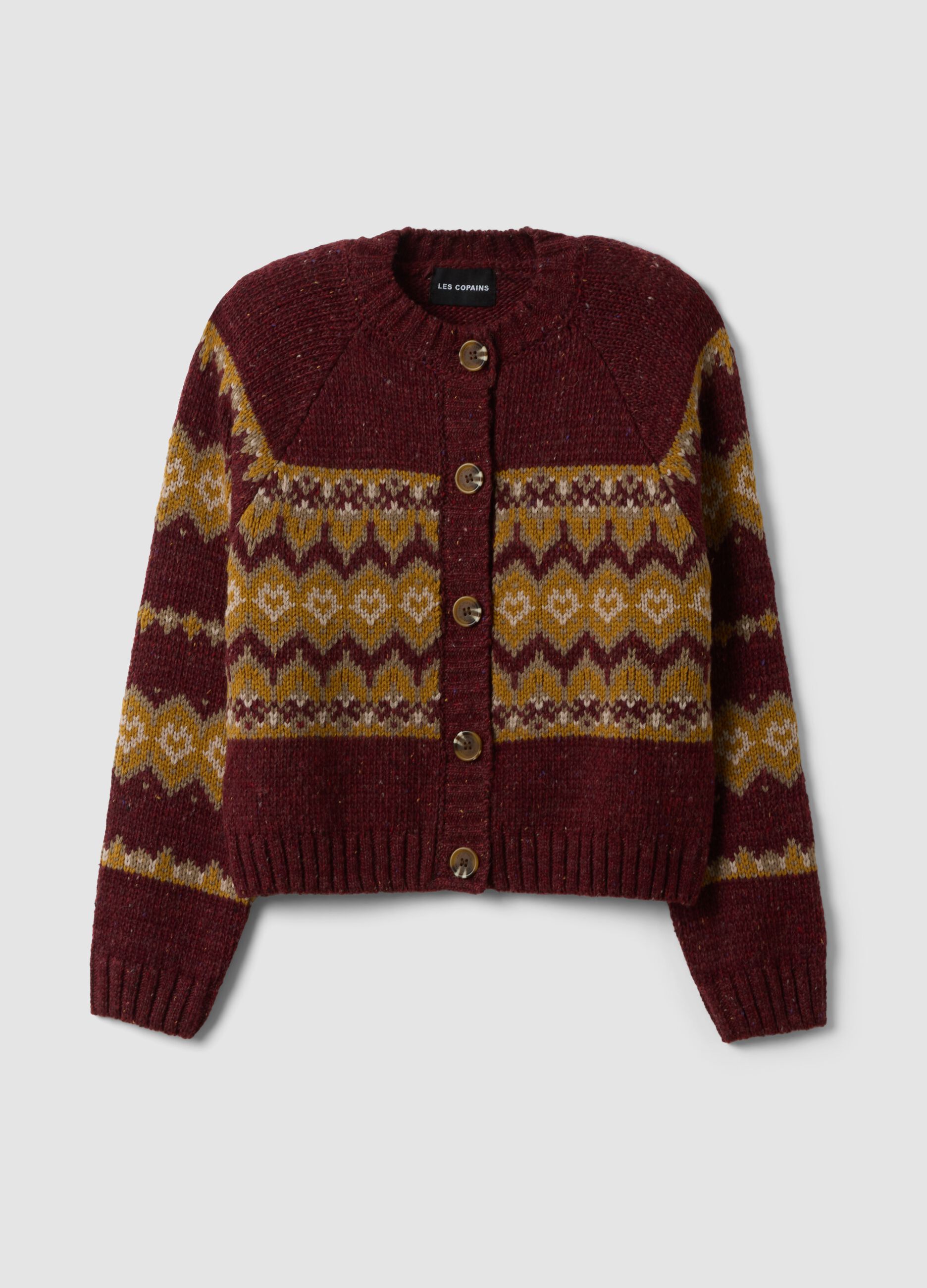 Red crew-neck jacquard wool-blend cardigan, regular fit