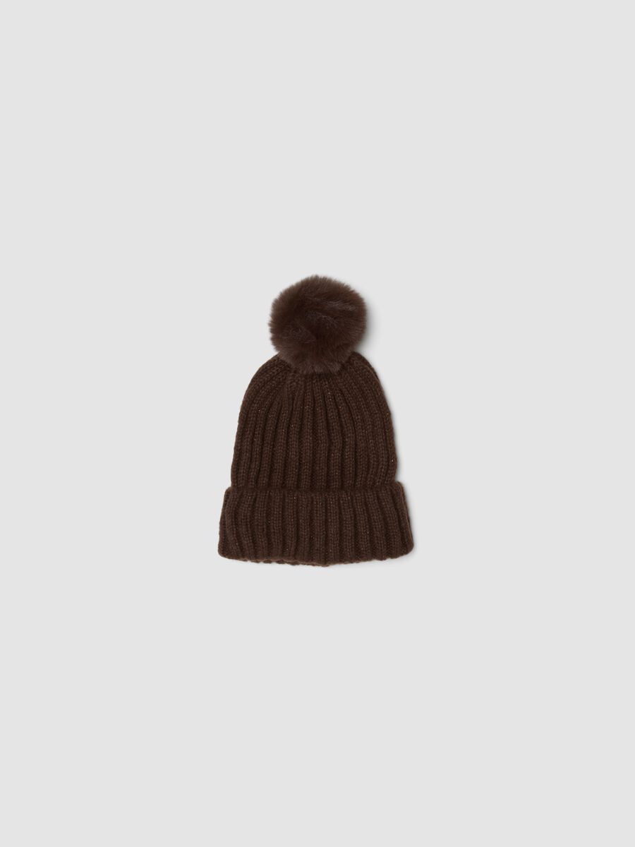 Dark brown ribbed beanie with pom‑pom_0
