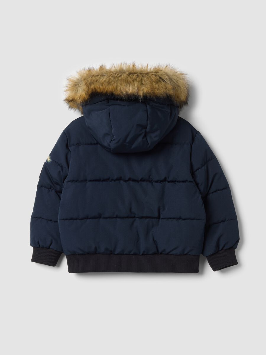 Blue padded jacket with hood and removable trim_1